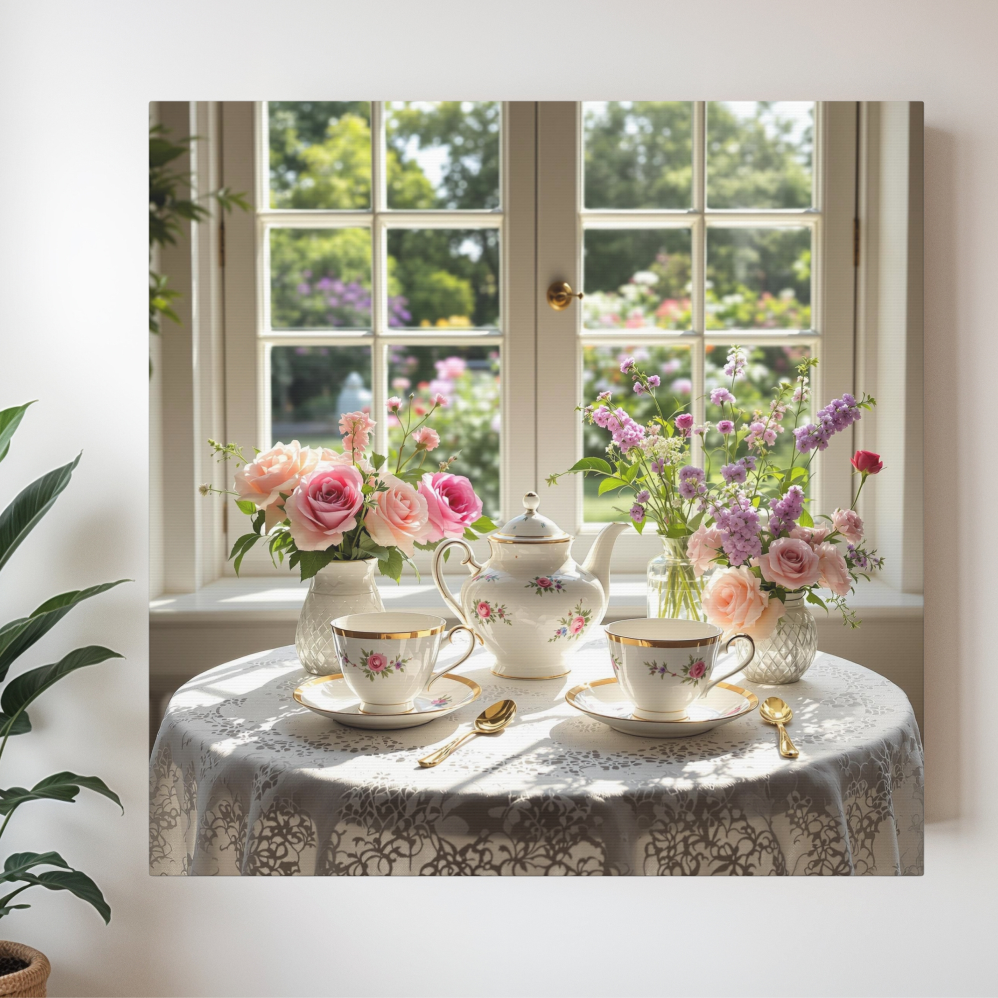 Vintage English Tea Set by a Sunlit Window | Floral Garden Tea Canvas