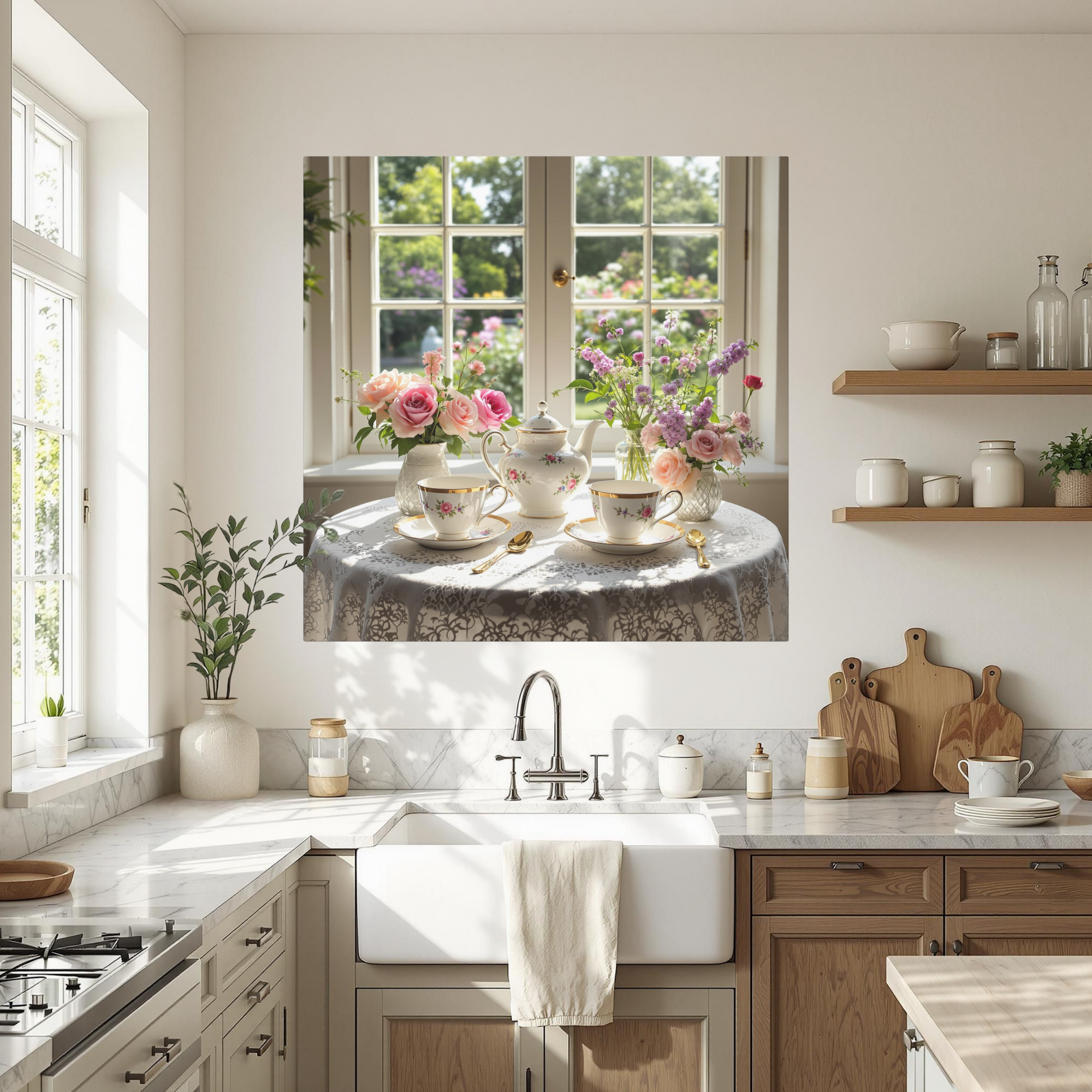 Vintage English Tea Set by a Sunlit Window | Floral Garden Tea Canvas