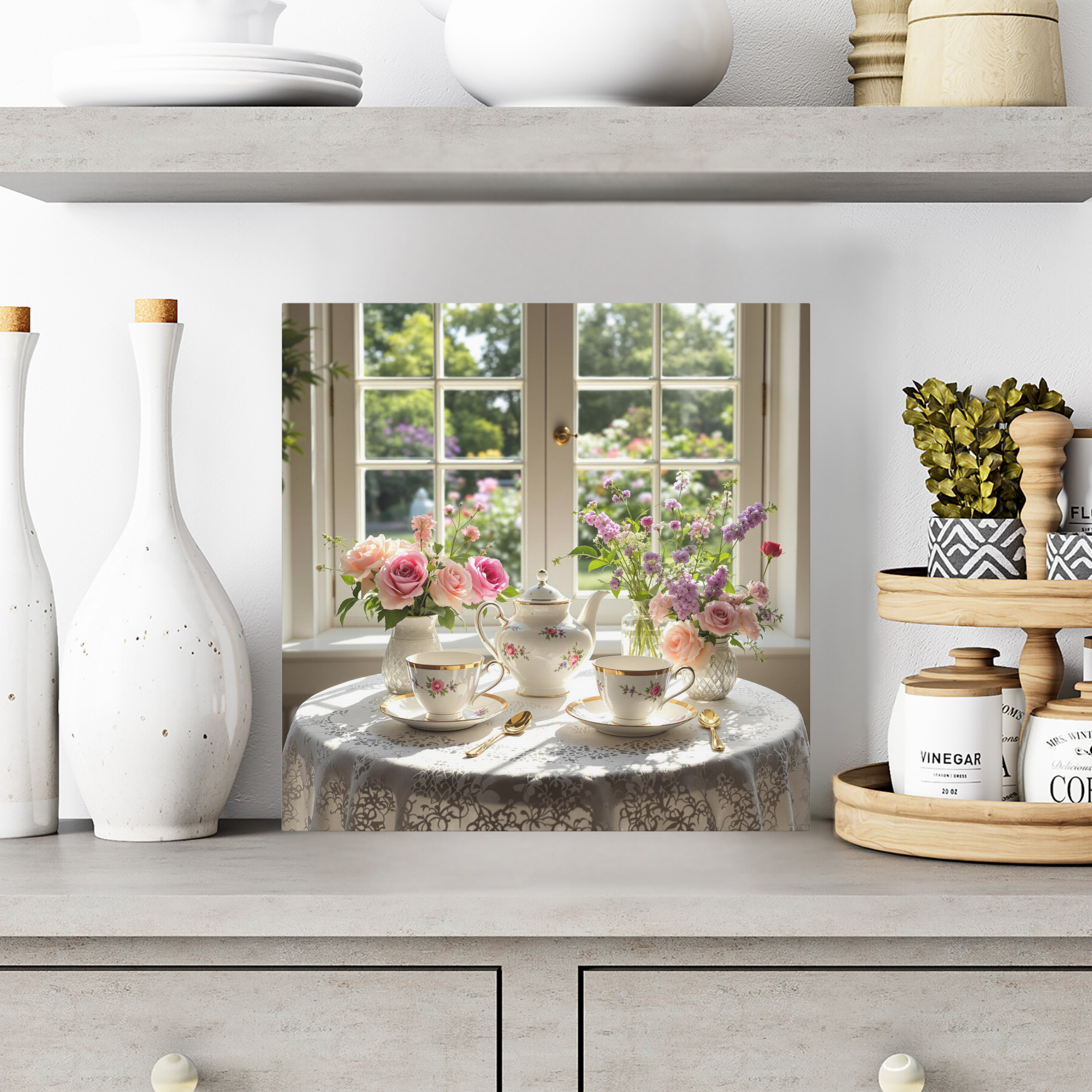 Vintage English Tea Set by a Sunlit Window | Floral Garden Tea Canvas