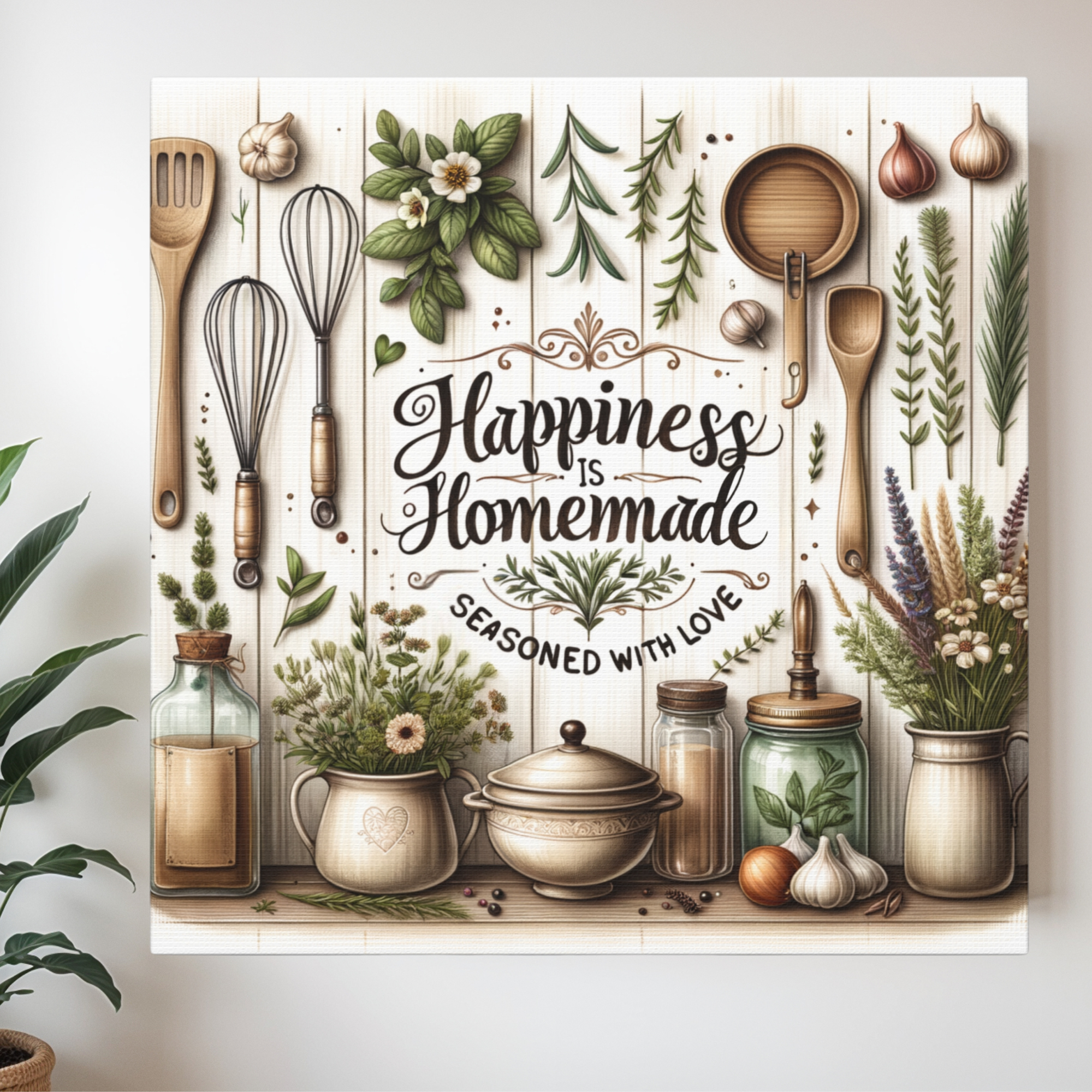 Rustic Kitchen Cooking Tools With Herbs Garlic Wall Art