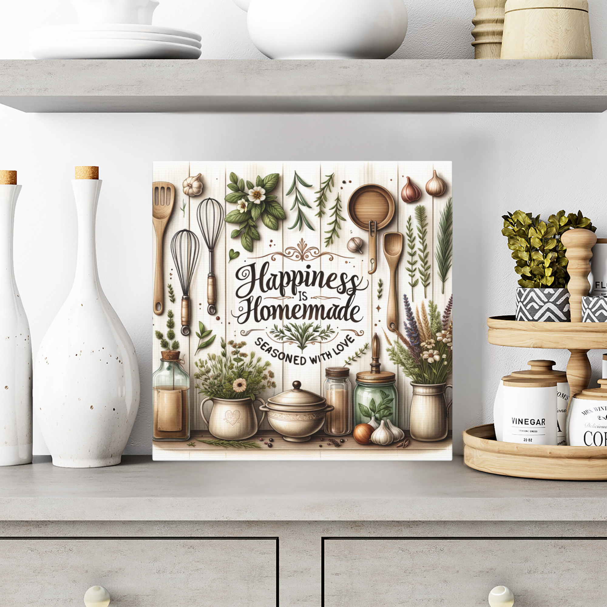 Rustic Kitchen Cooking Tools With Herbs Garlic Wall Art