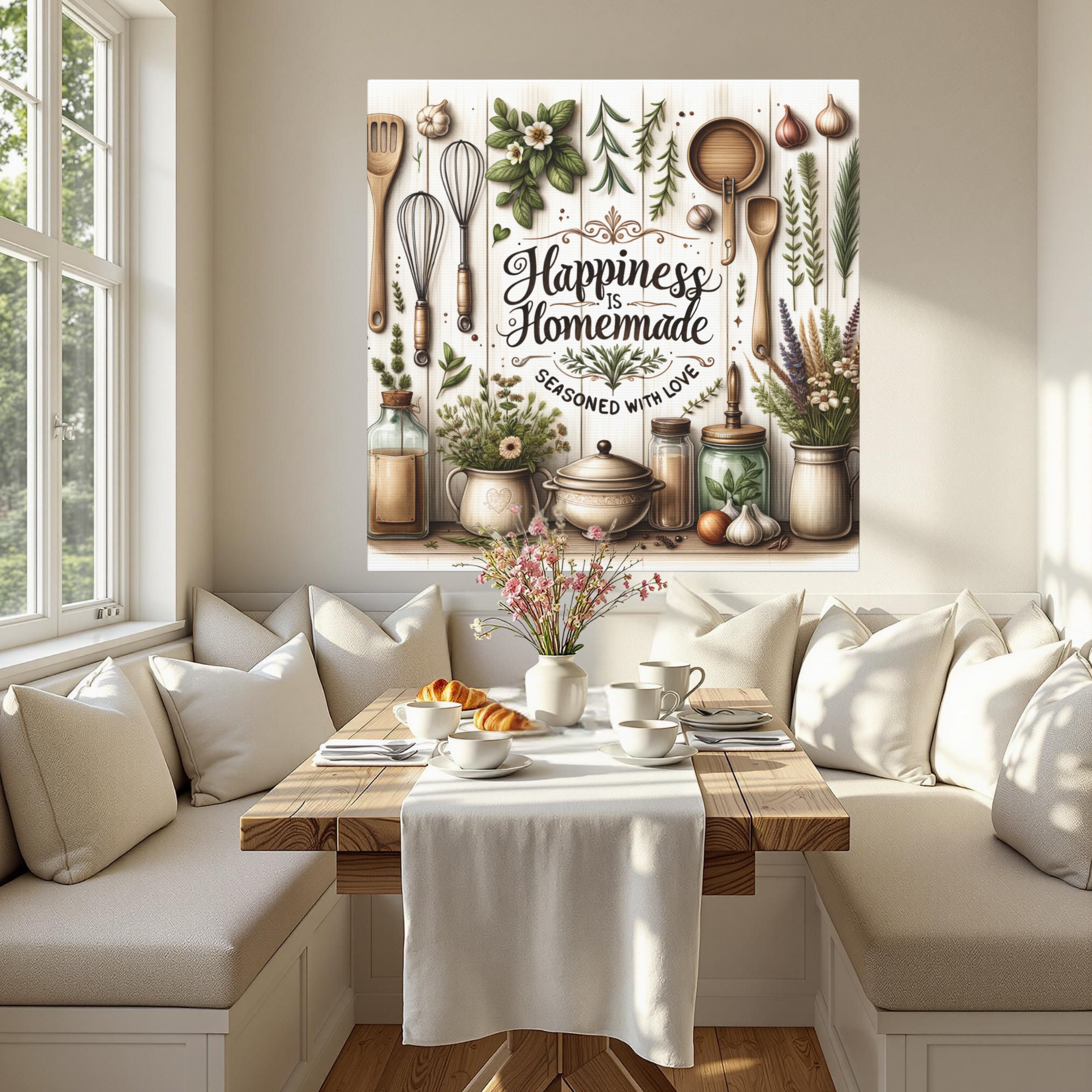 Rustic Kitchen Cooking Tools With Herbs Garlic Wall Art