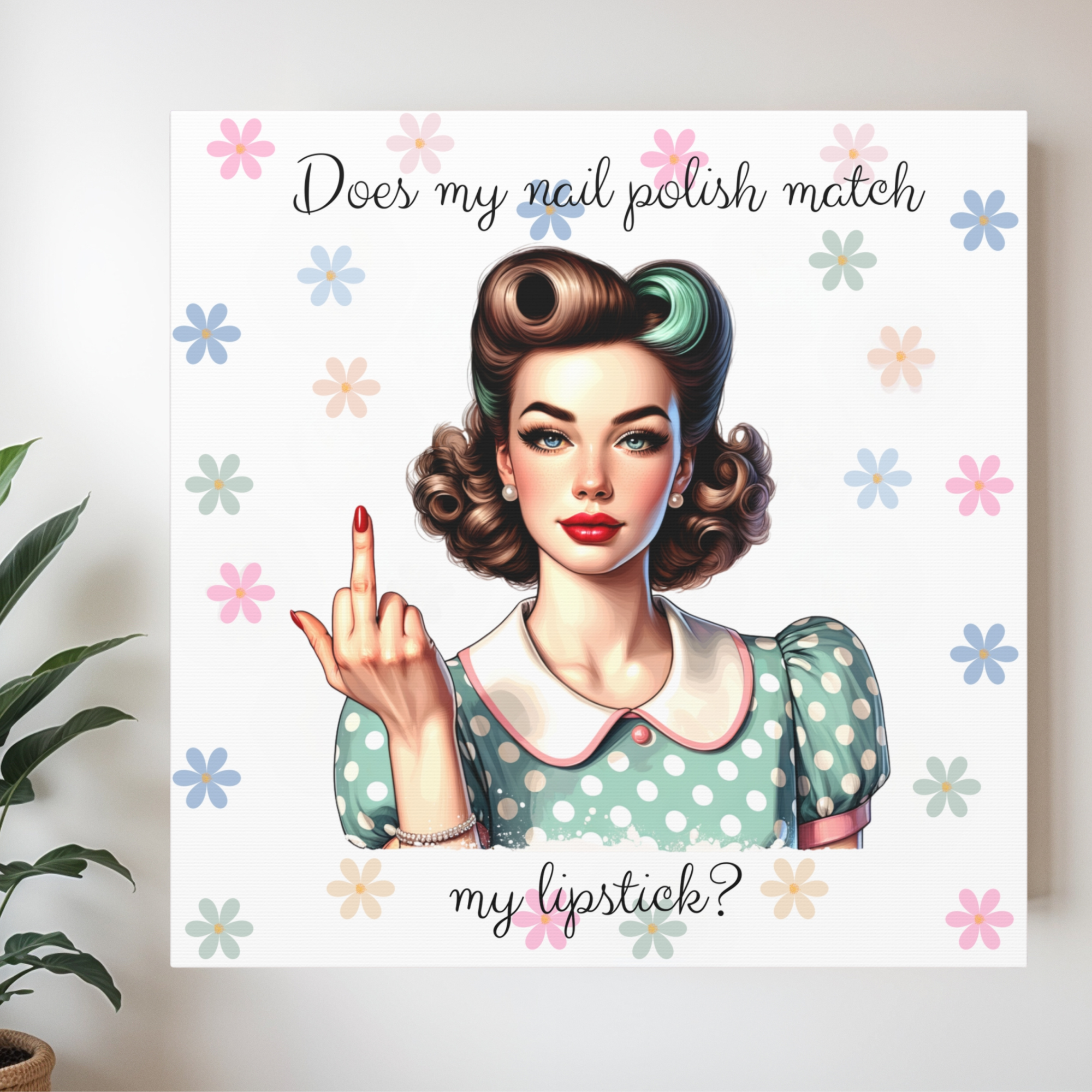 1950s Retro Pin-Up Girl With Attitude in Polka Dot Dress Wall Art - Sassy Lipstick Print