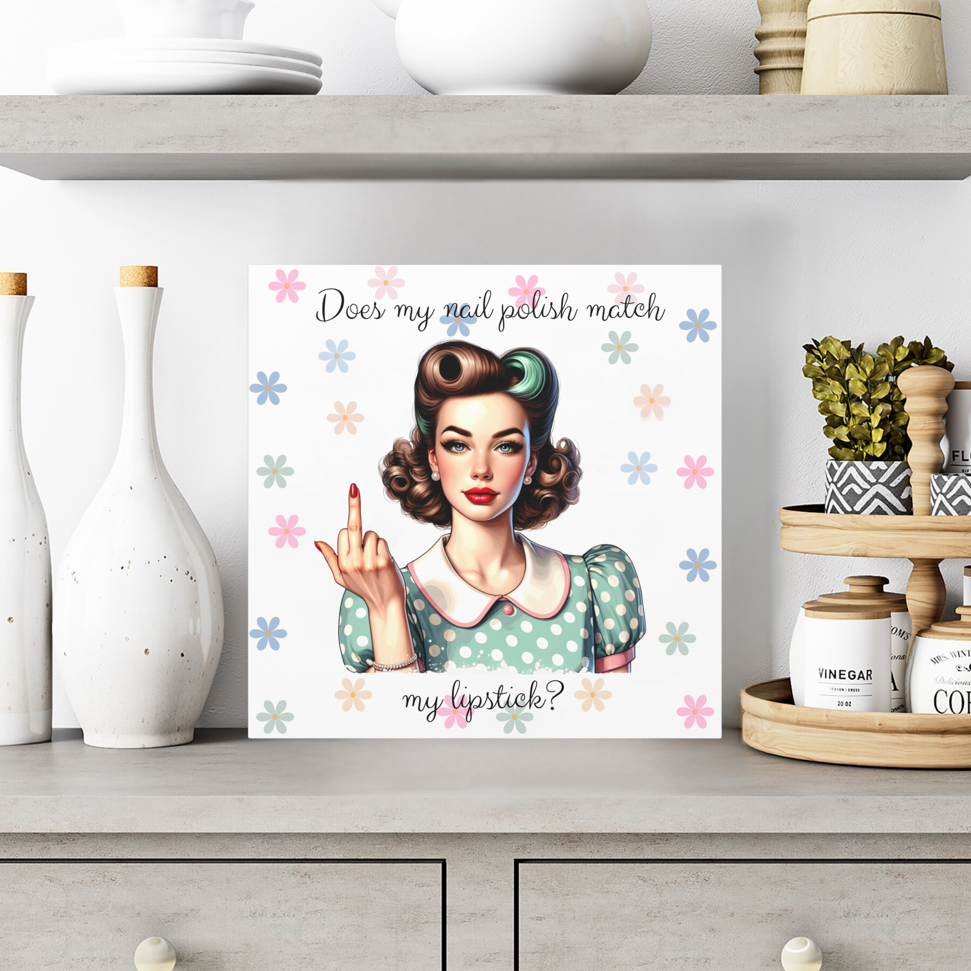 1950s Retro Pin-Up Girl With Attitude in Polka Dot Dress Wall Art - Sassy Lipstick Print