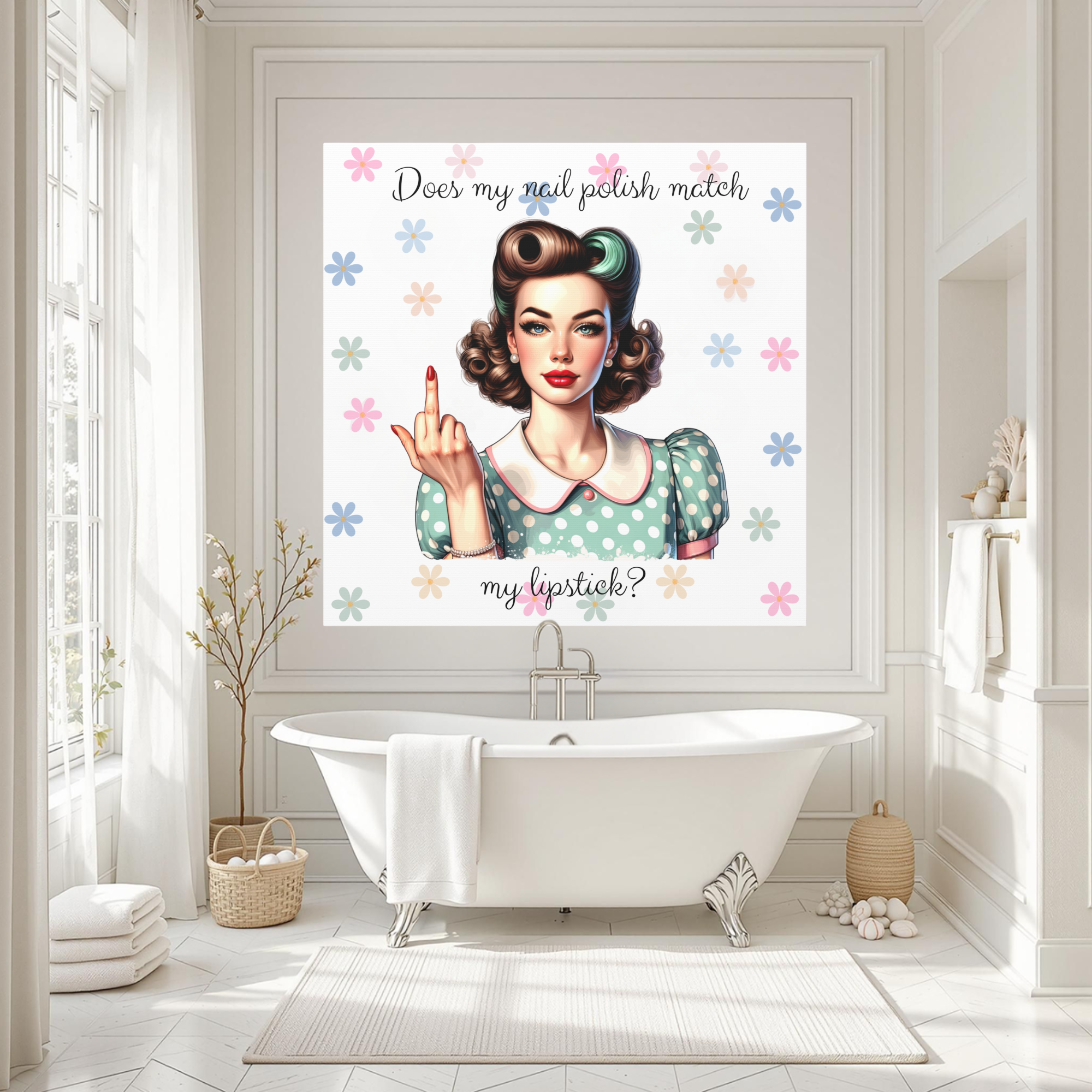 1950s Retro Pin-Up Girl With Attitude in Polka Dot Dress Wall Art - Sassy Lipstick Print