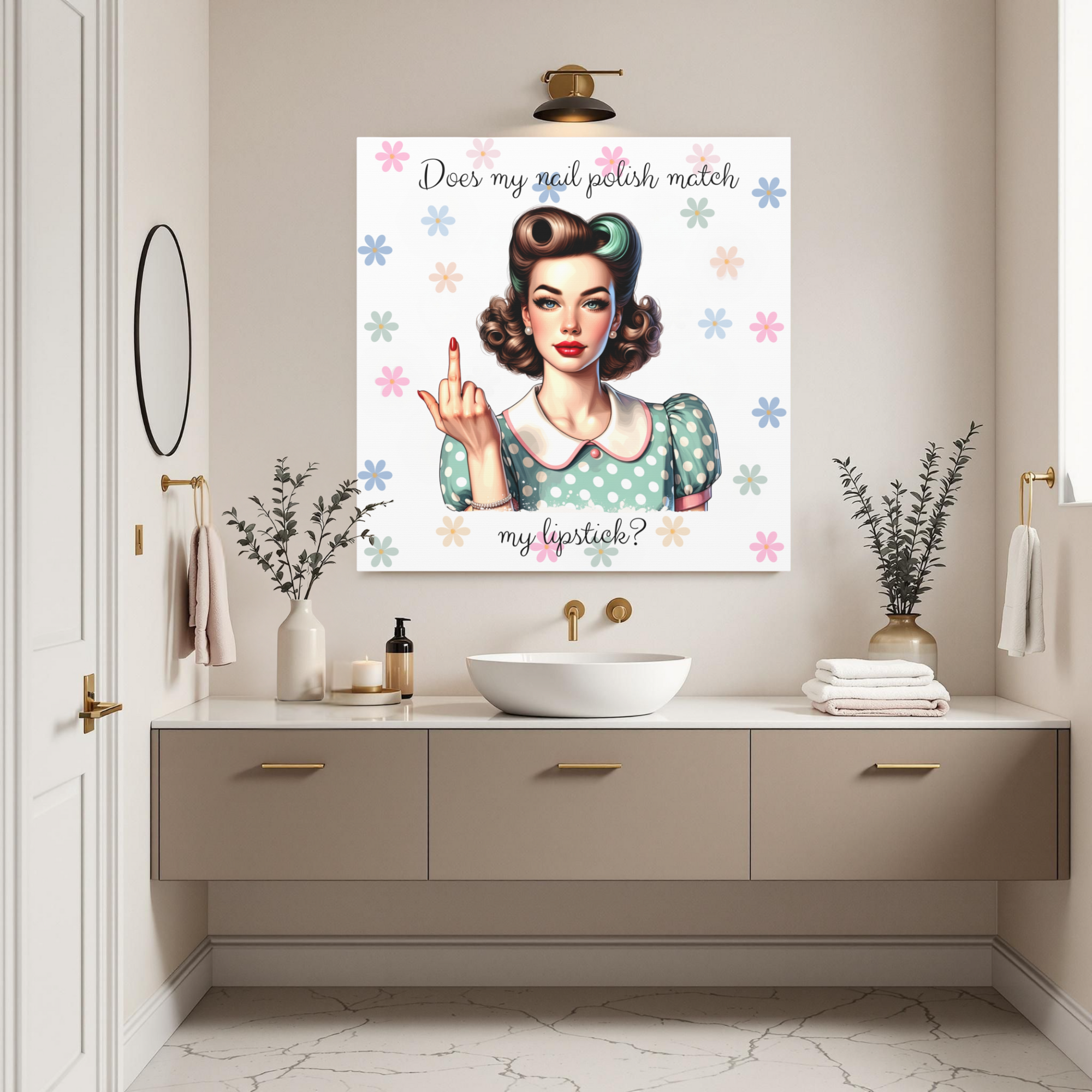 1950s Retro Pin-Up Girl With Attitude in Polka Dot Dress Wall Art - Sassy Lipstick Print