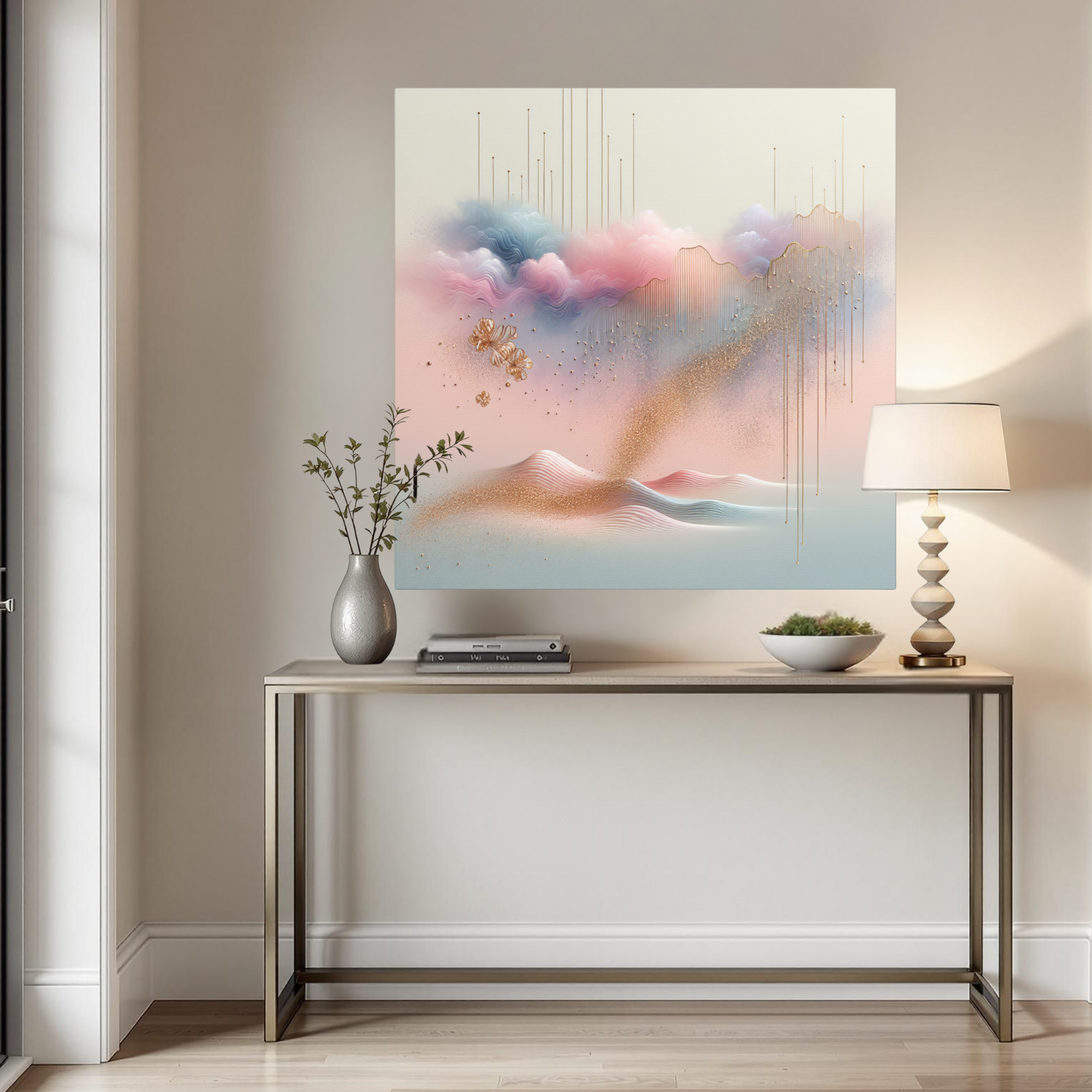 Blush Gold and Blue Dreamscape Abstract Canvas Wall Art