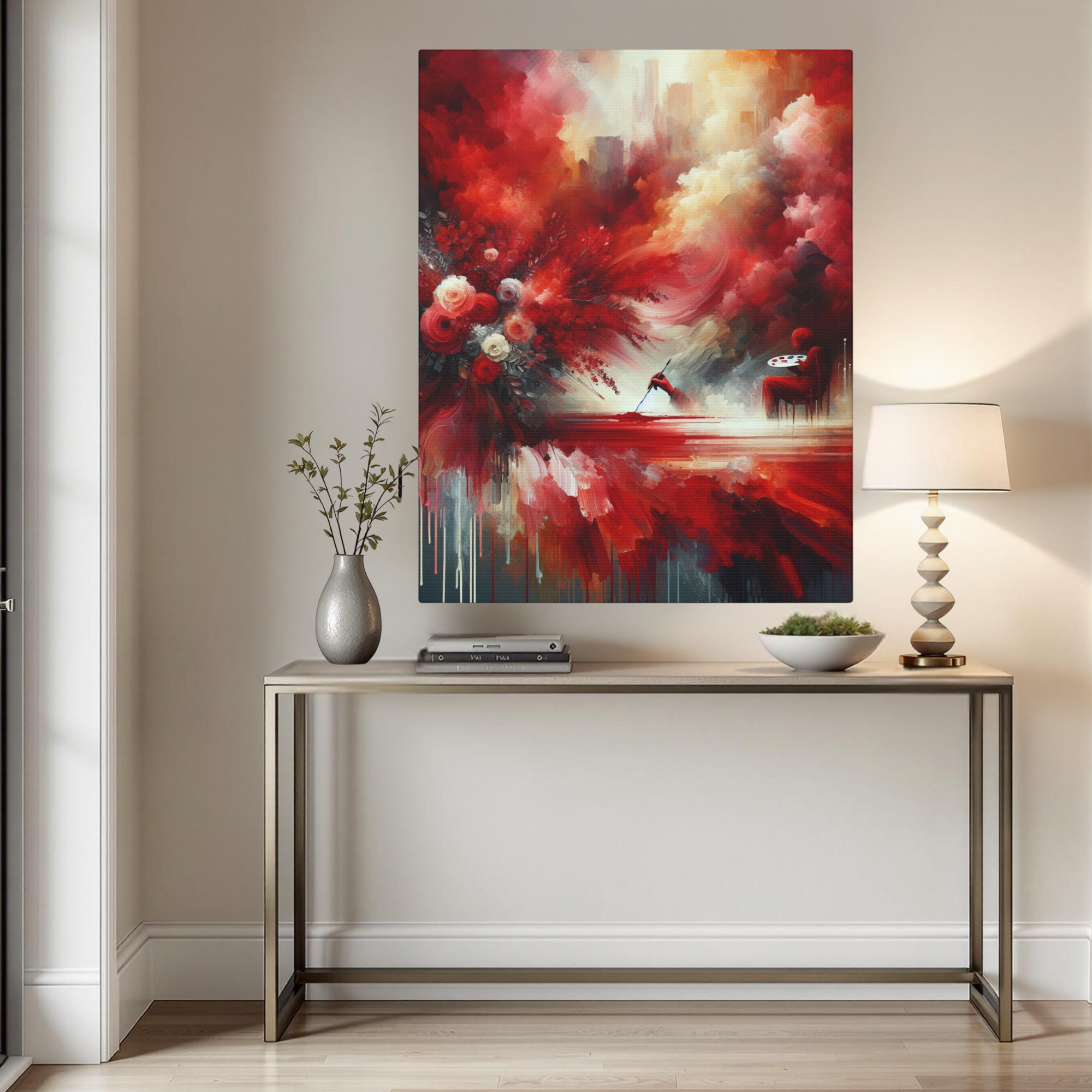 Painter in Crimson Storm – Abstract Red Wall Art