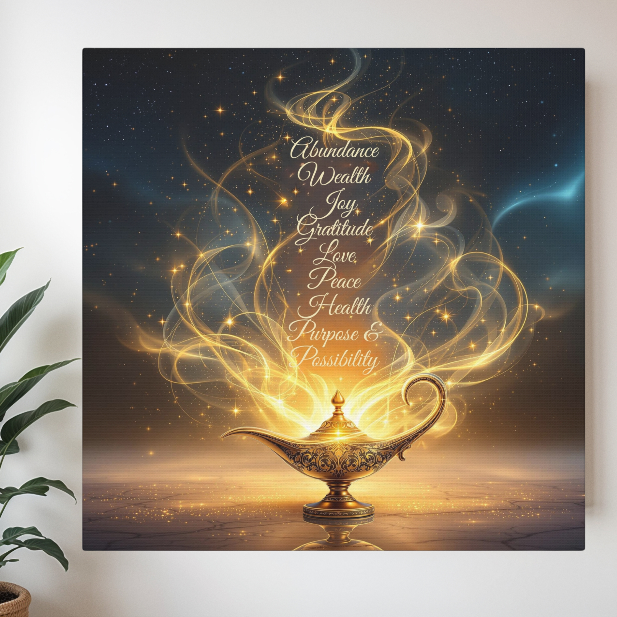 Golden Genie Lamp With Words of Abundance & Light