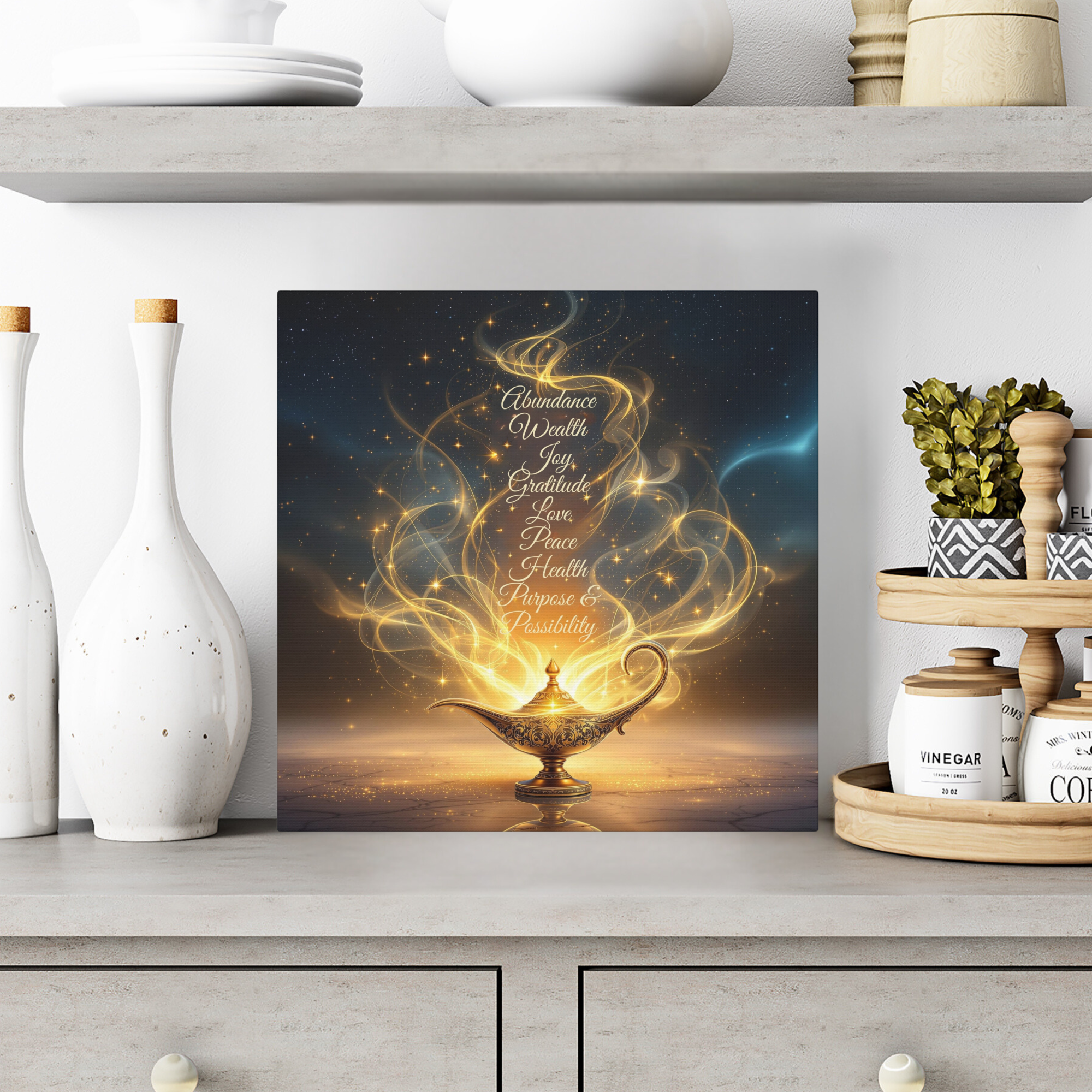Golden Genie Lamp With Words of Abundance & Light