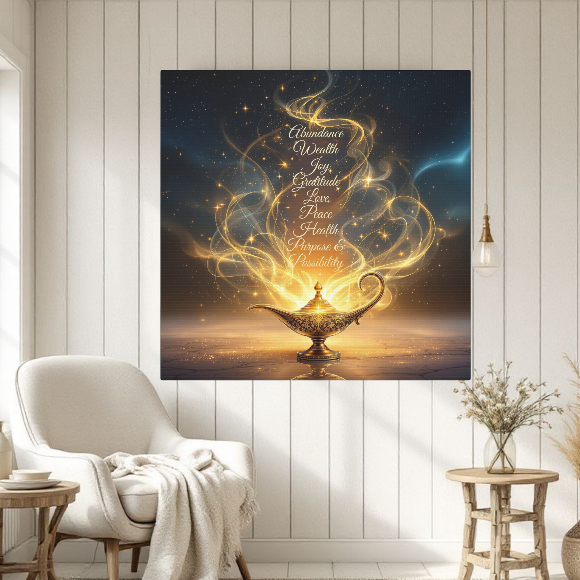 Golden Genie Lamp With Words of Abundance & Light