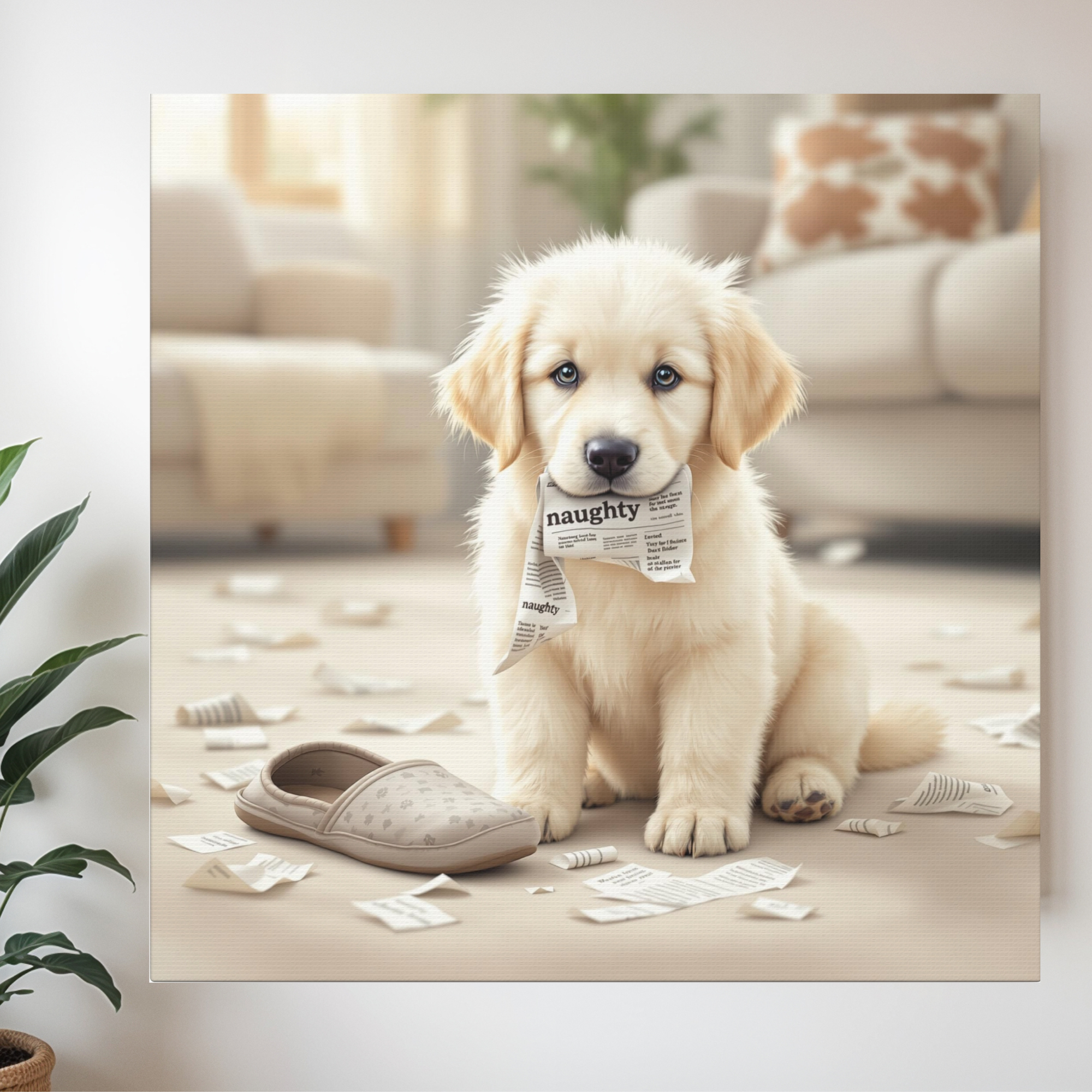 Naughty Puppy Wall Art – Playful Golden Retriever Print