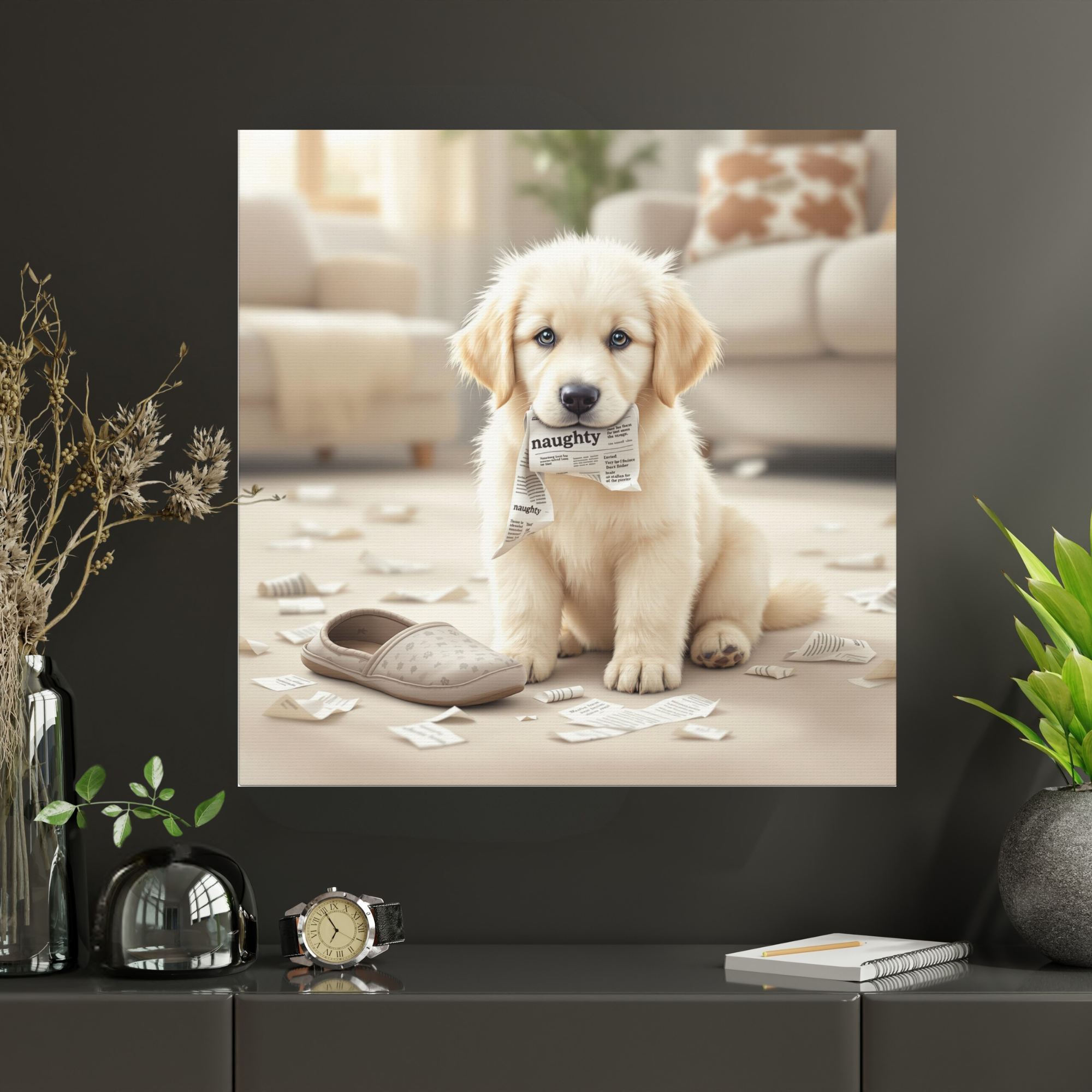 Naughty Puppy Wall Art – Playful Golden Retriever Print