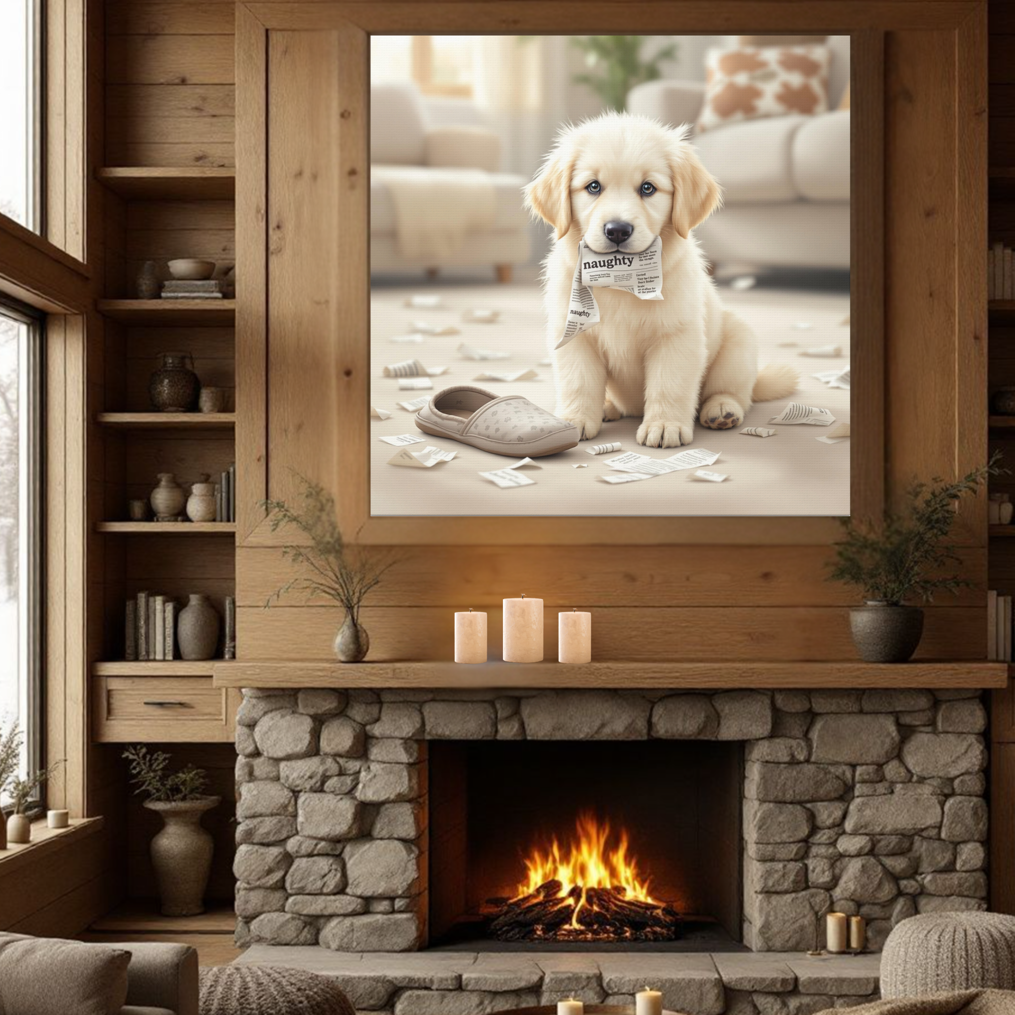 Naughty Puppy Wall Art – Playful Golden Retriever Print