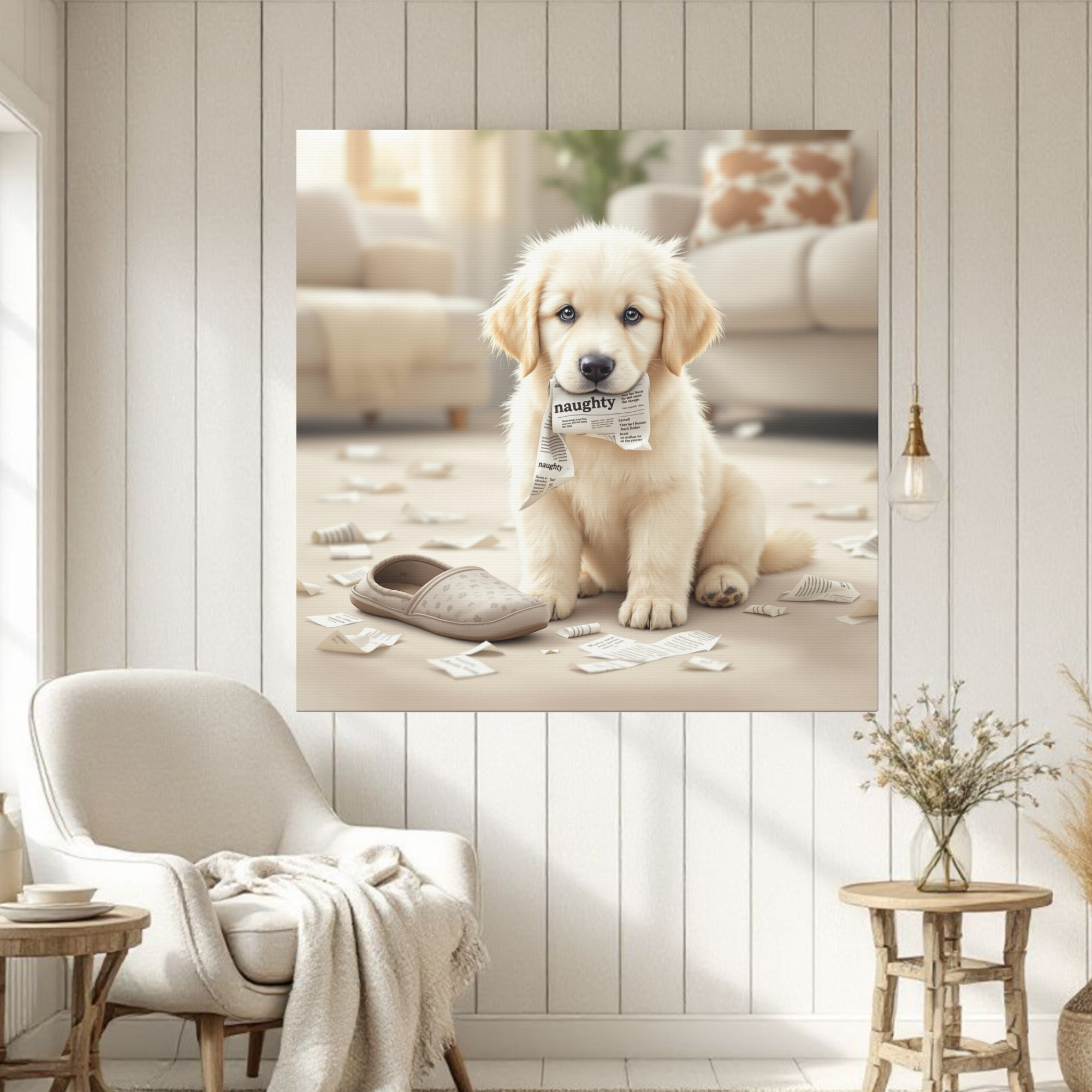 Naughty Puppy Wall Art – Playful Golden Retriever Print