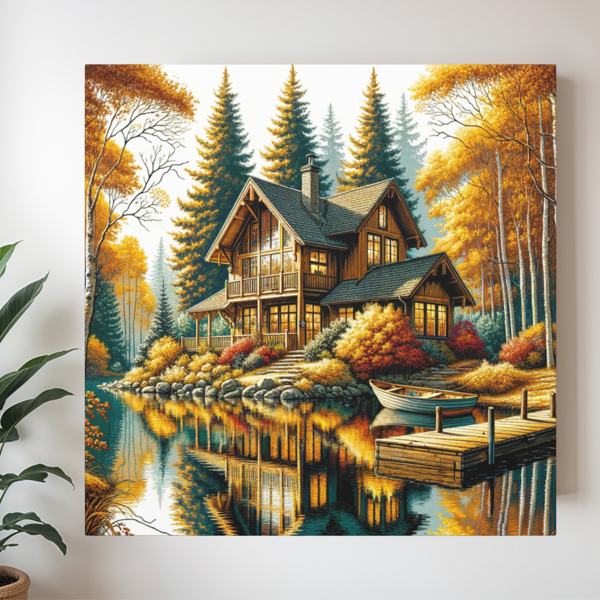 Golden Autumn Lake House – Cabin Wall Art Print