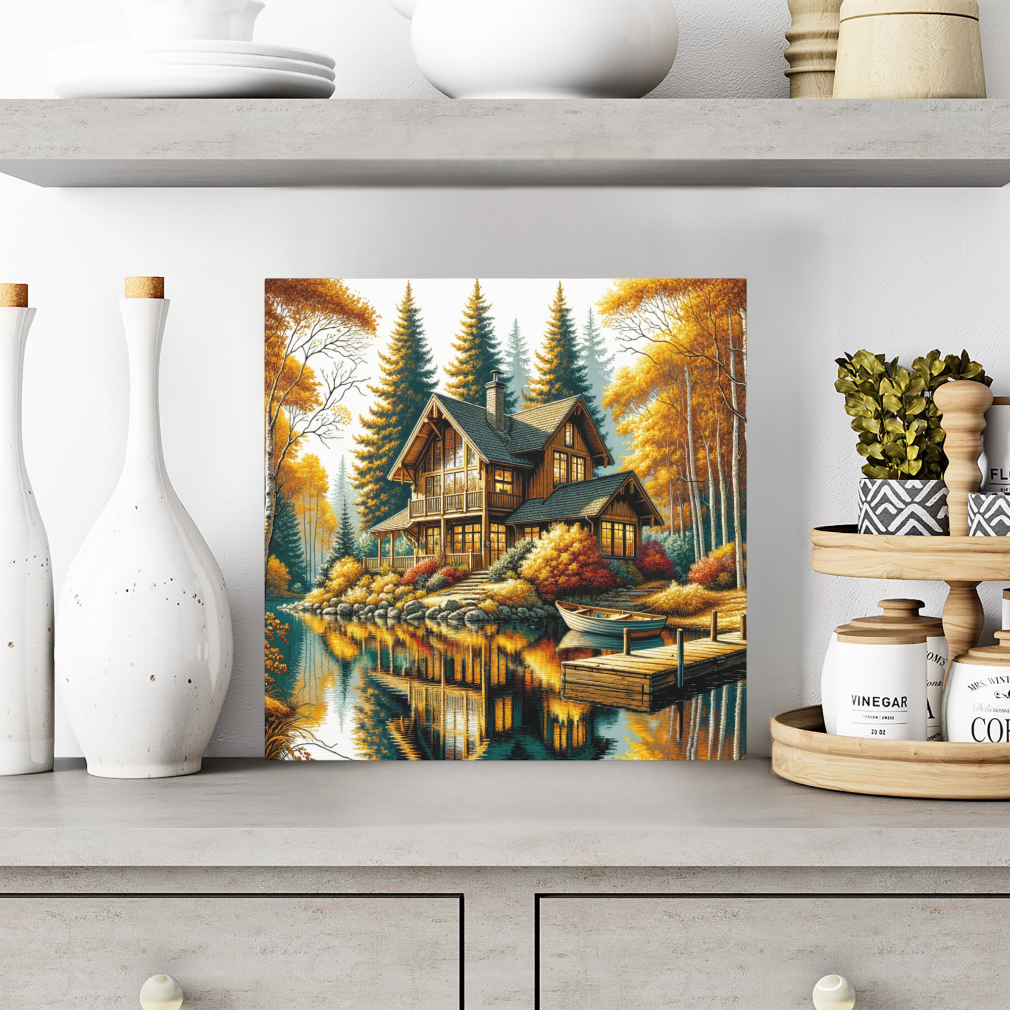 Golden Autumn Lake House – Cabin Wall Art Print