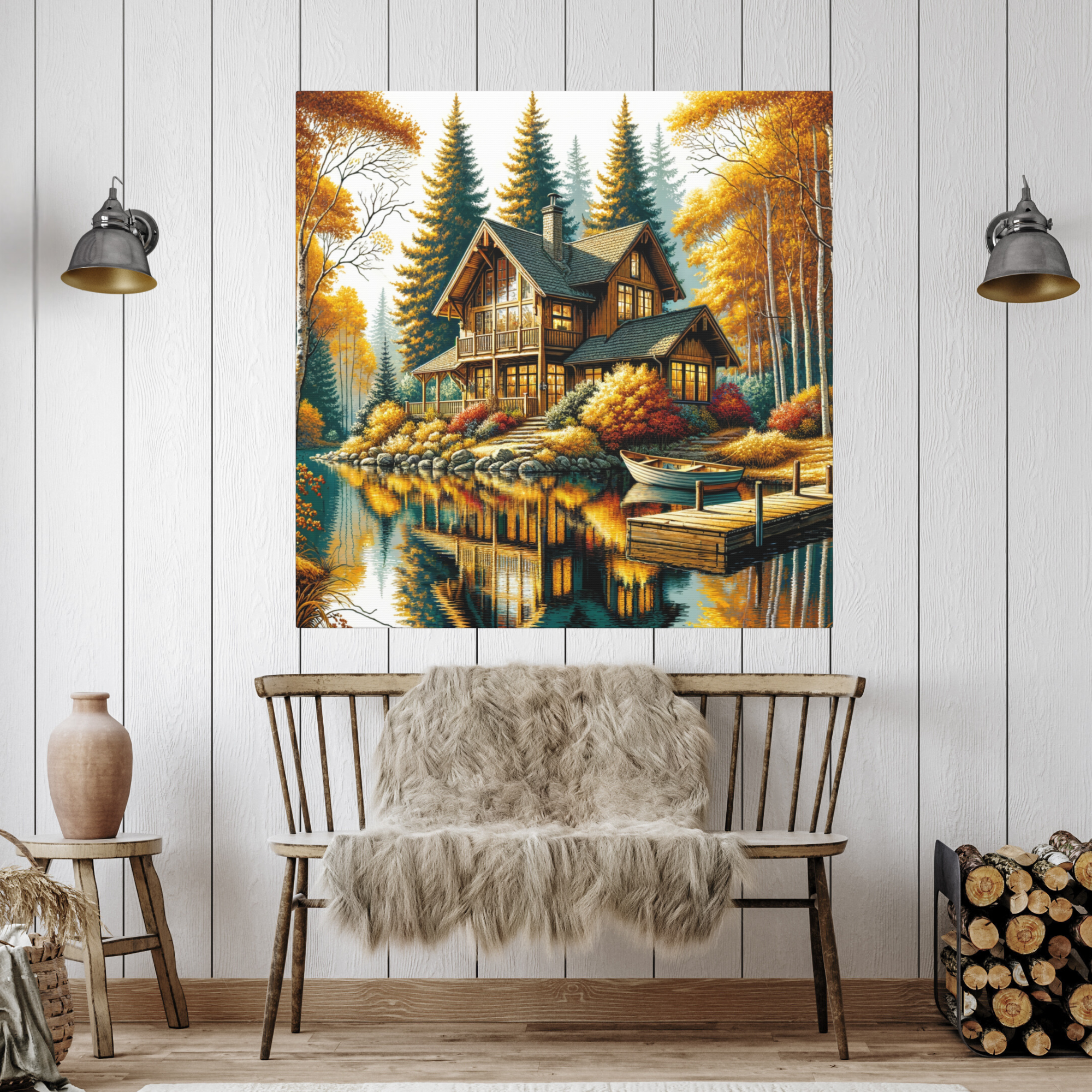 Golden Autumn Lake House – Cabin Wall Art Print