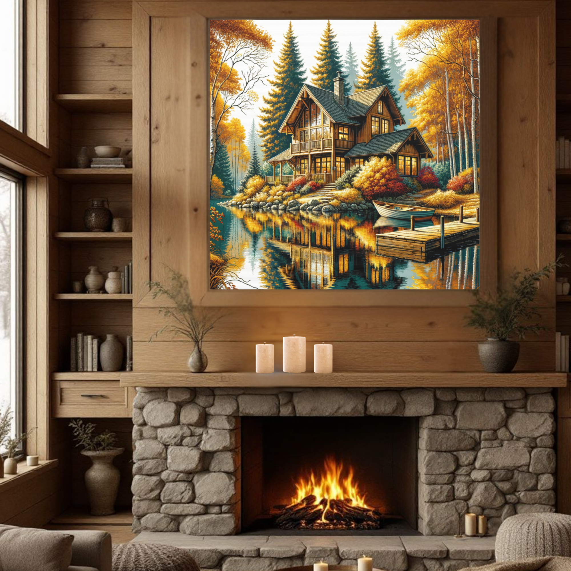 Golden Autumn Lake House – Cabin Wall Art Print
