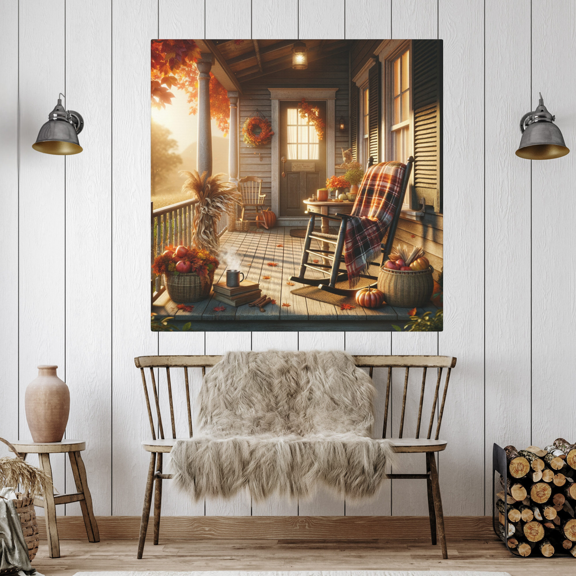 Cozy Autumn Porch With Rocking Chair Art