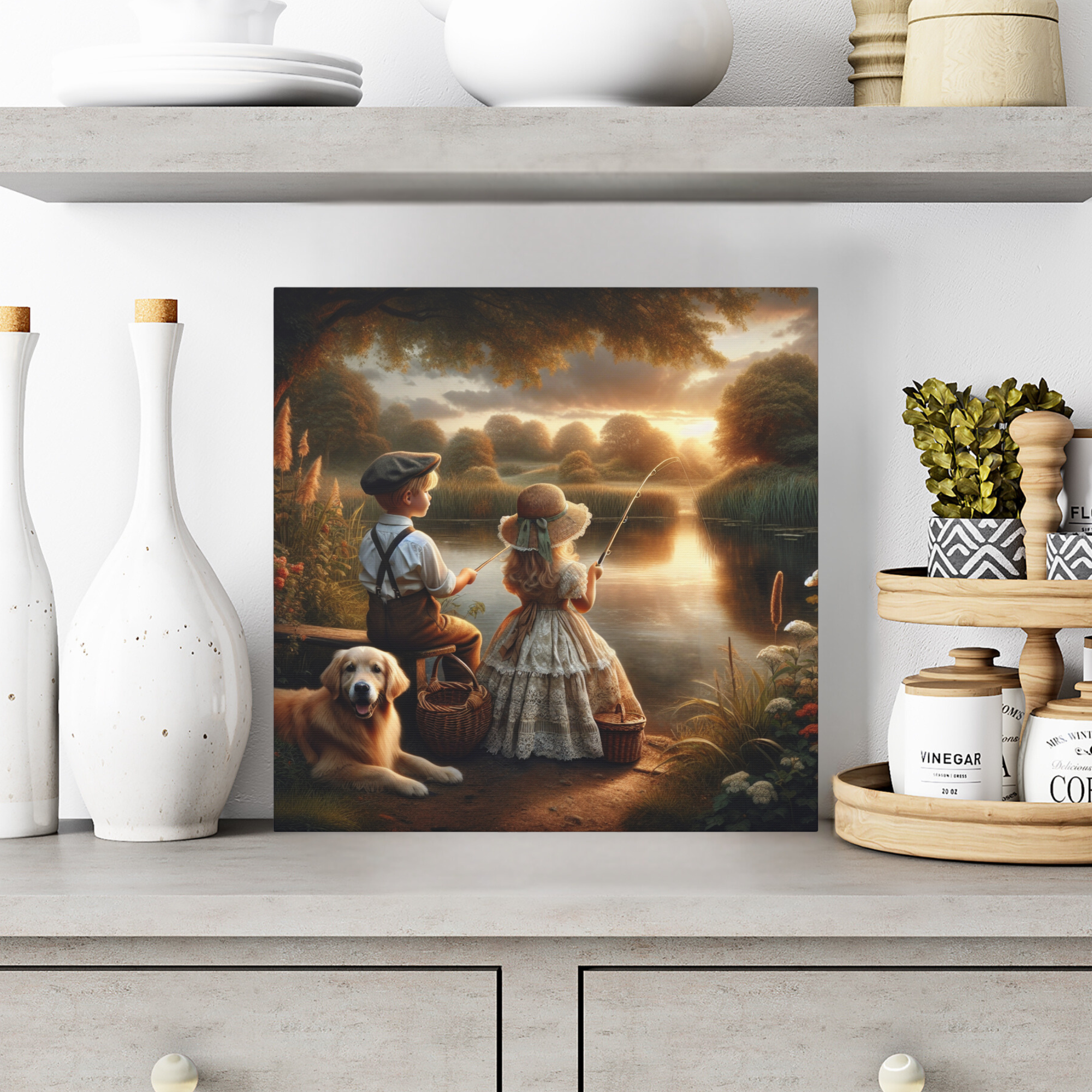 Golden Hour Fishing by the River – Vintage Childhood Wall Art