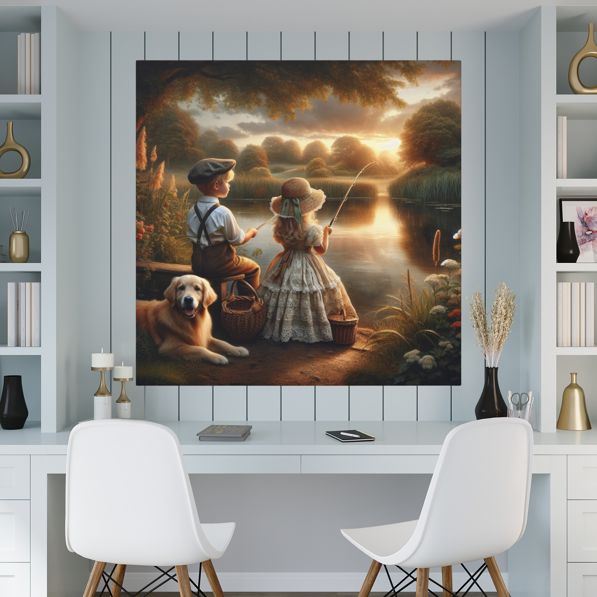 Golden Hour Fishing by the River – Vintage Childhood Wall Art