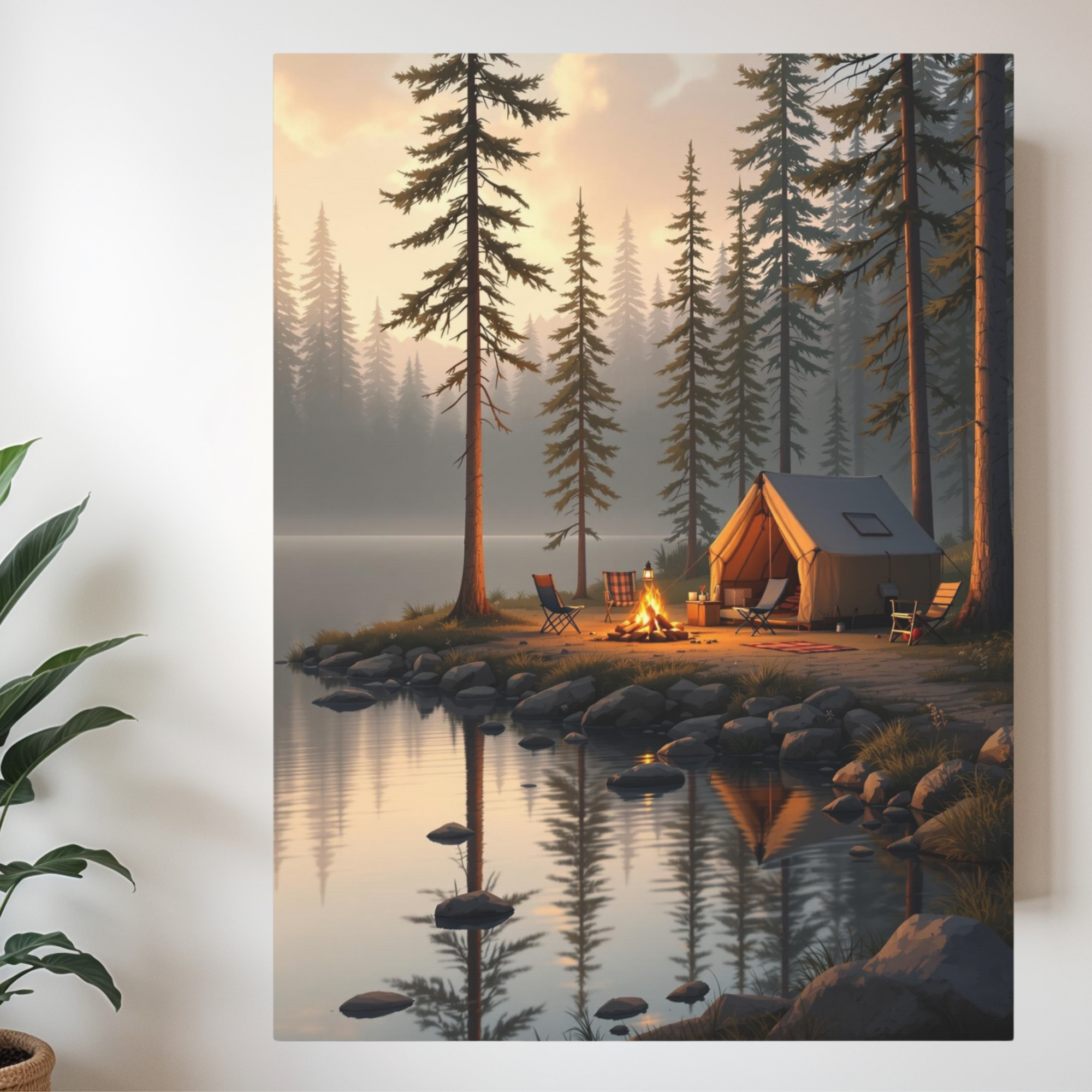 Lakeside Campfire with Tent – Cozy Cabin Wall Art