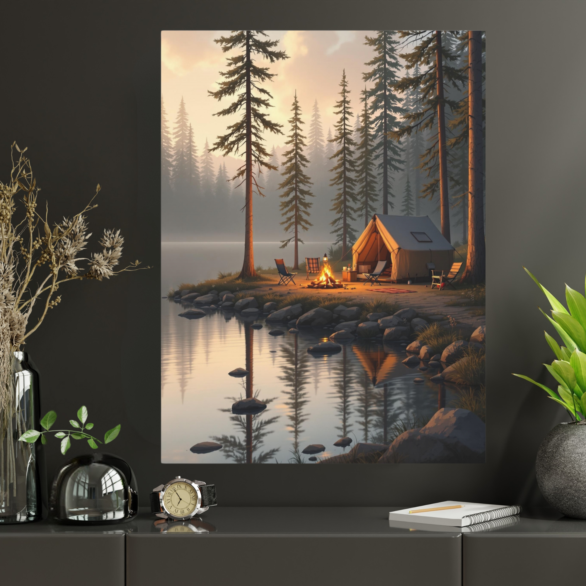 Lakeside Campfire with Tent – Cozy Cabin Wall Art