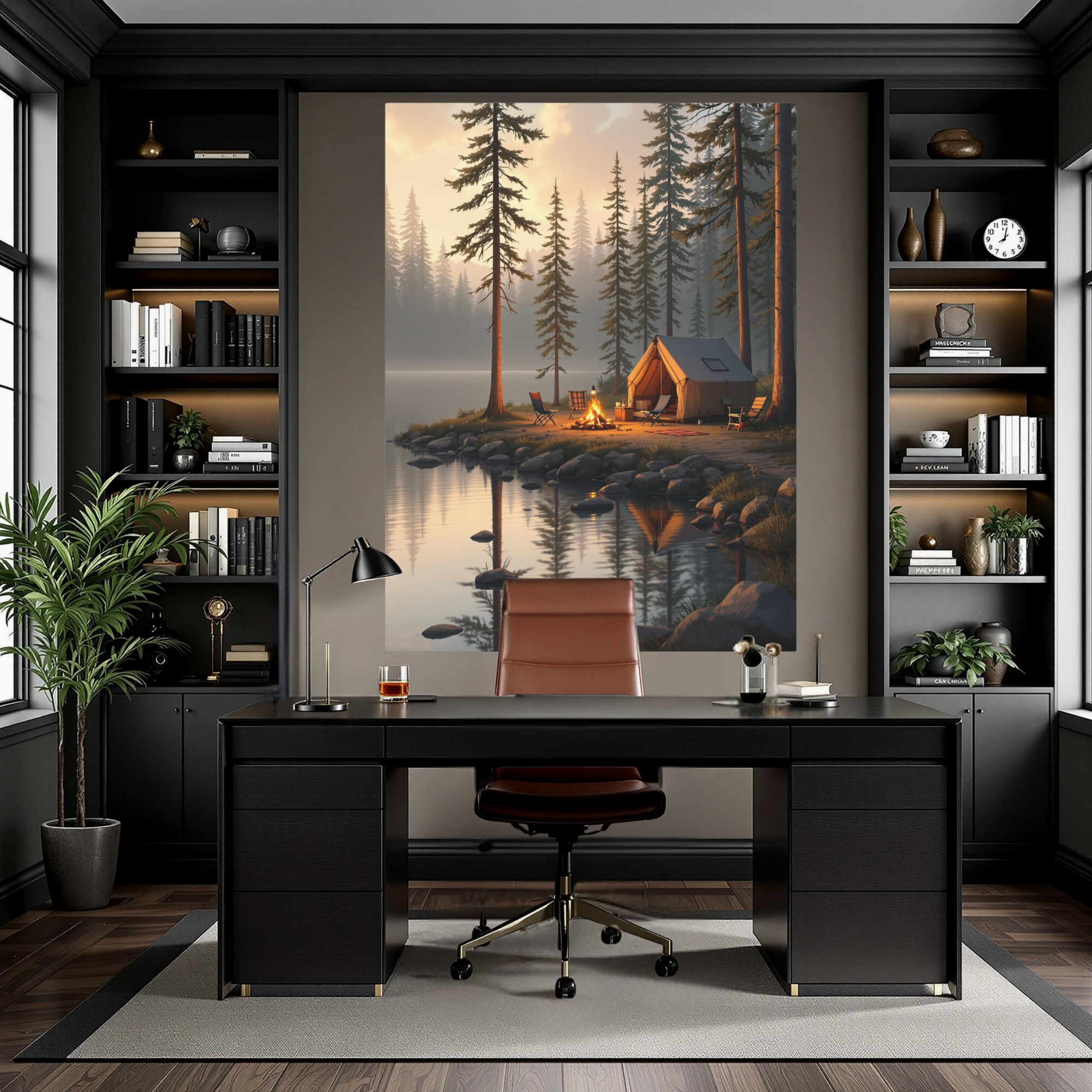 Lakeside Campfire with Tent – Cozy Cabin Wall Art