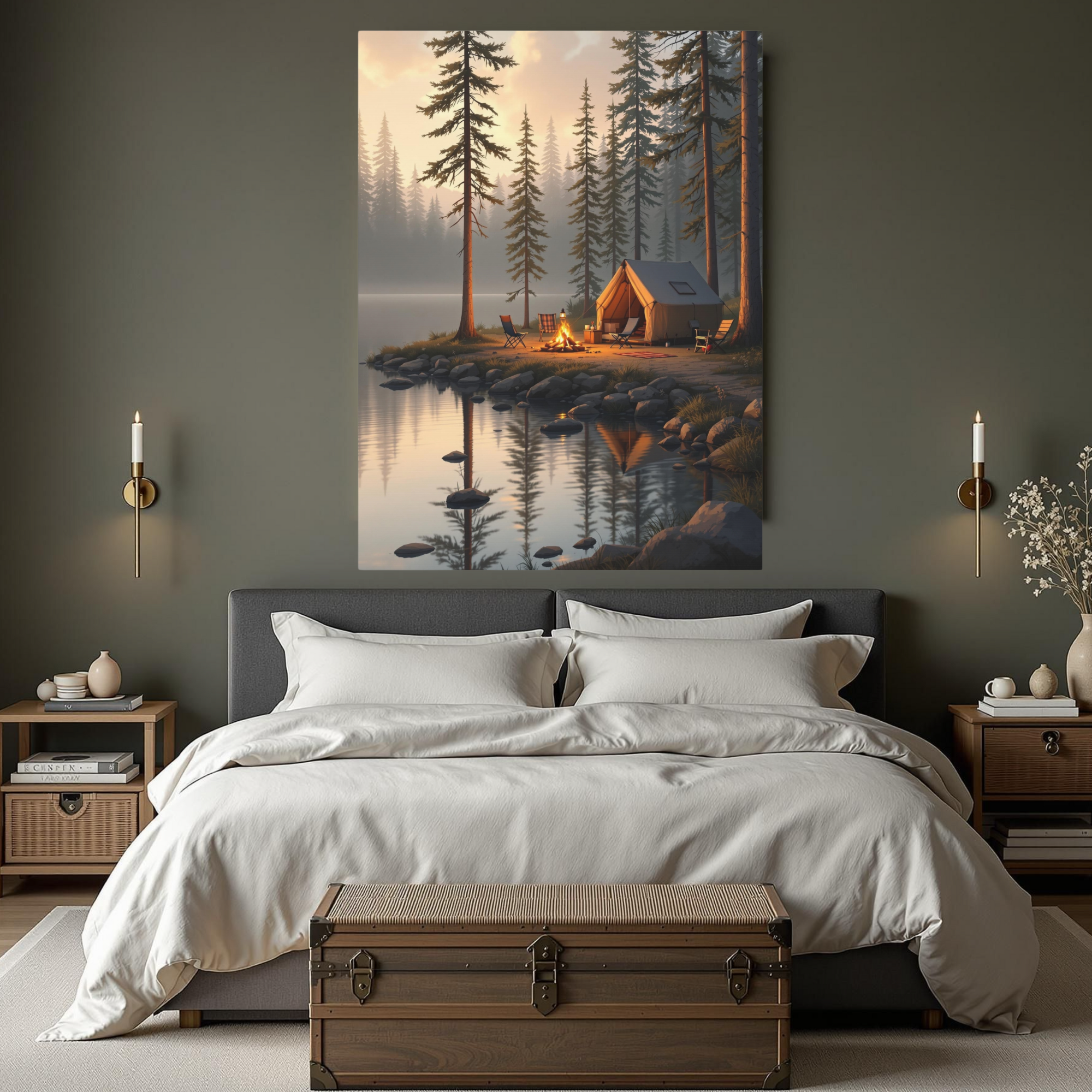 Lakeside Campfire with Tent – Cozy Cabin Wall Art