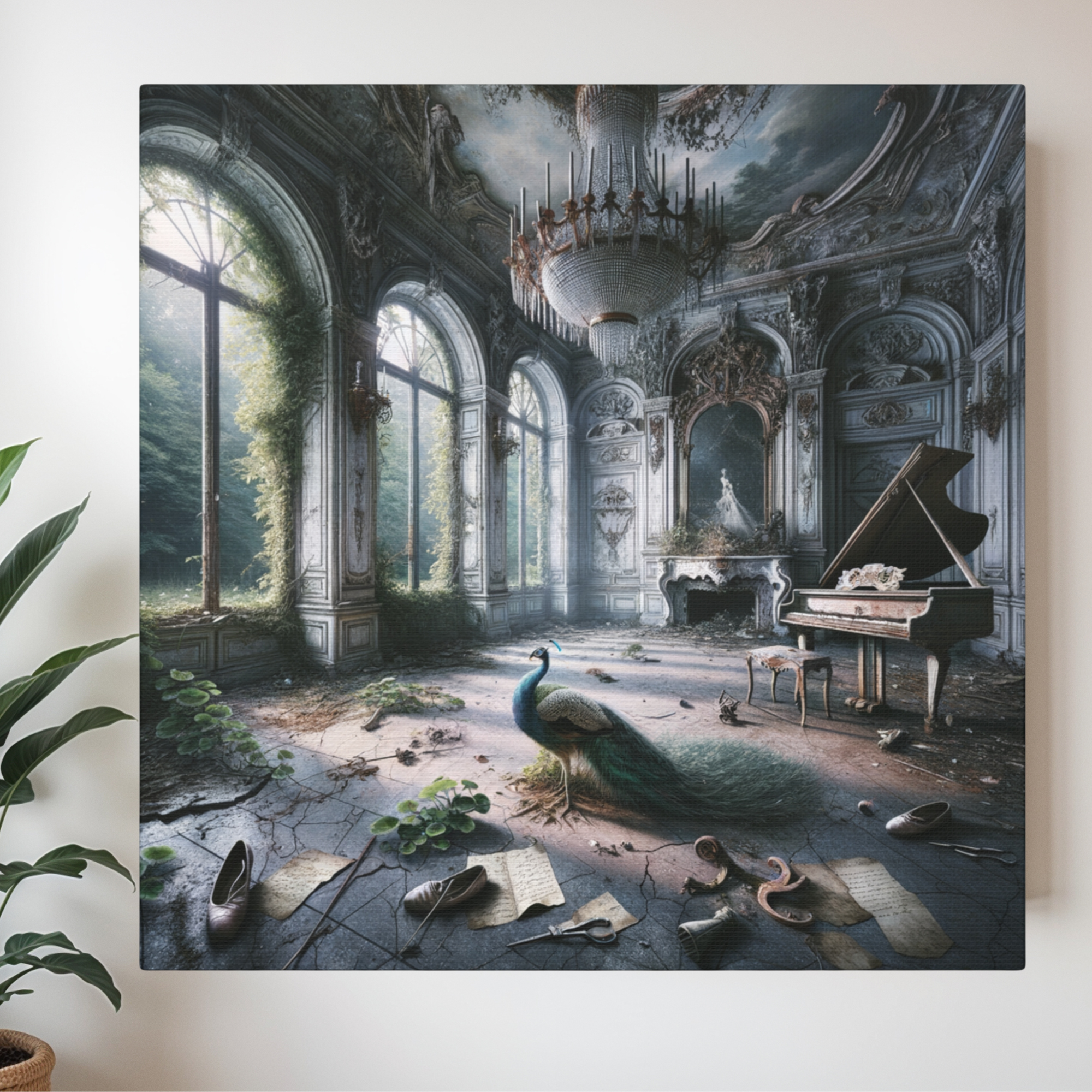 Abandoned Ballroom With Peacock and Piano