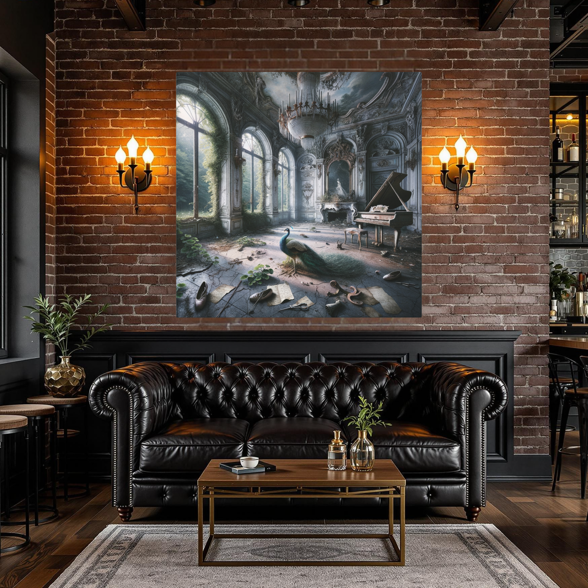 Abandoned Ballroom With Peacock and Piano