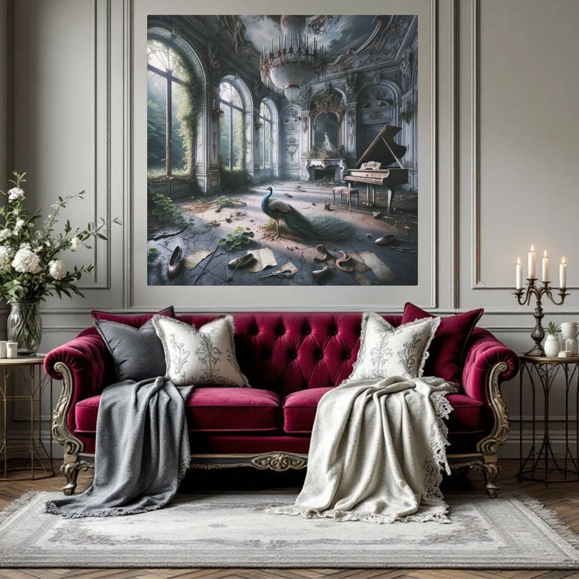 Abandoned Ballroom With Peacock and Piano