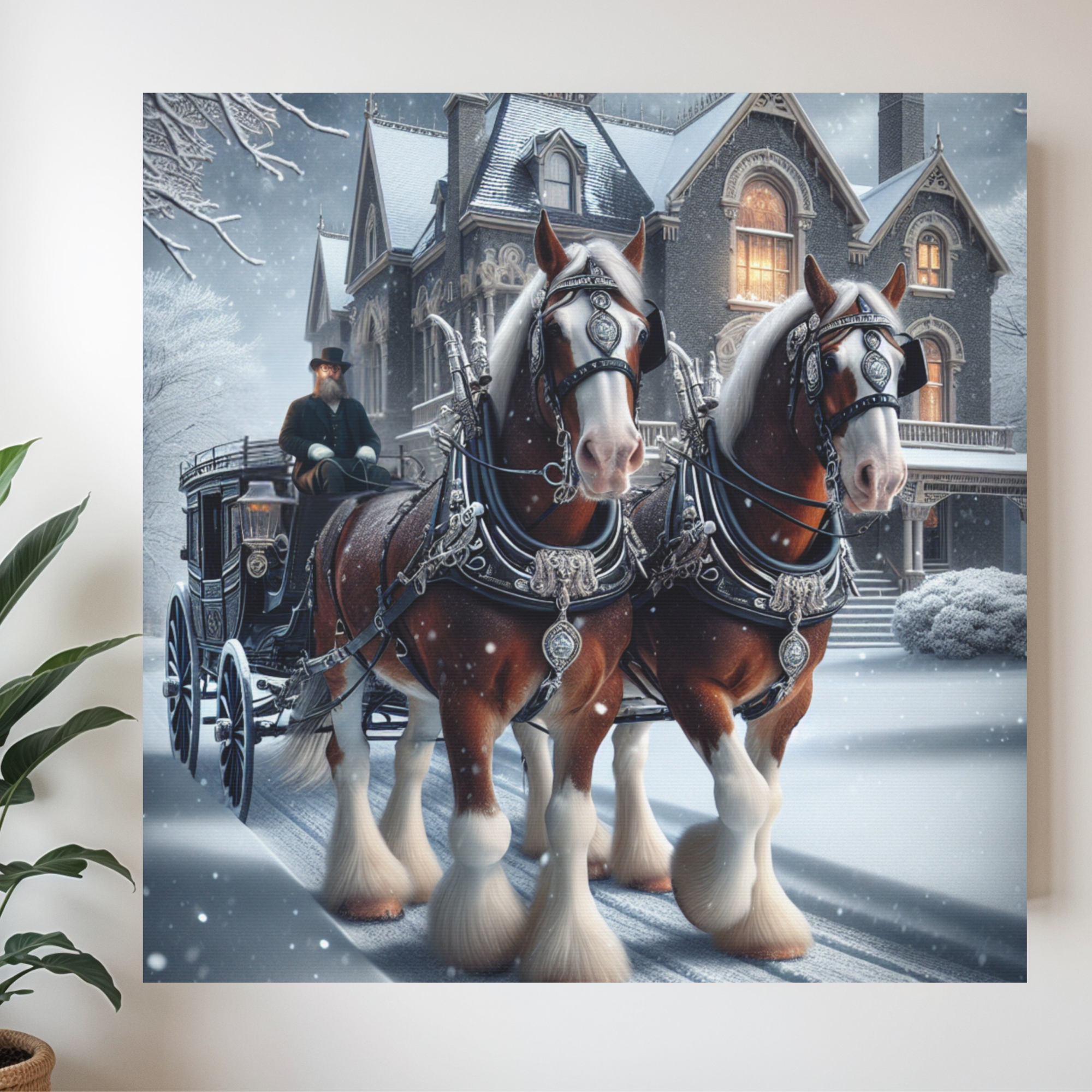 Victorian Horse-Drawn Carriage in Winter Snow