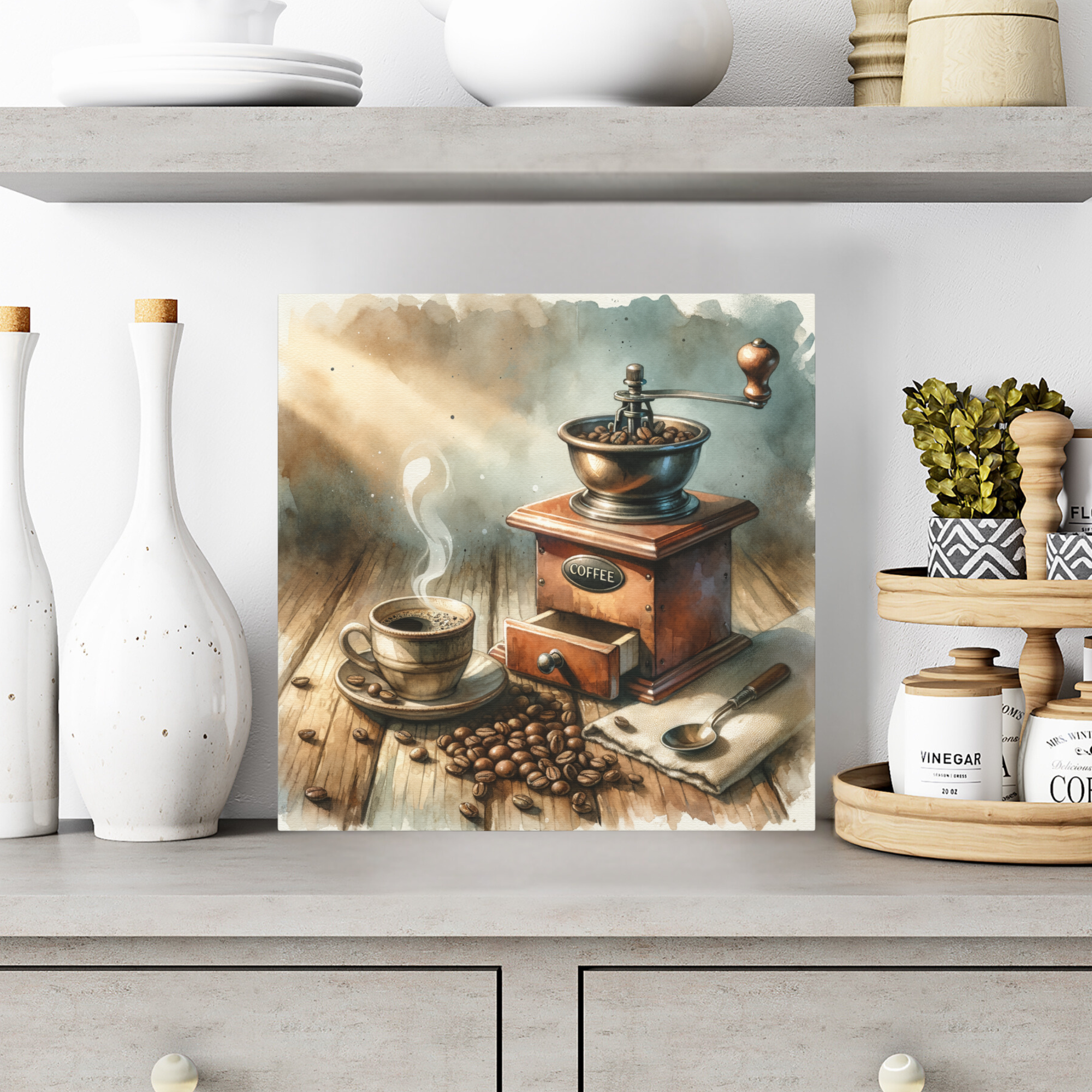 Vintage Coffee Grinder and Cup – Rustic Kitchen Wall Art