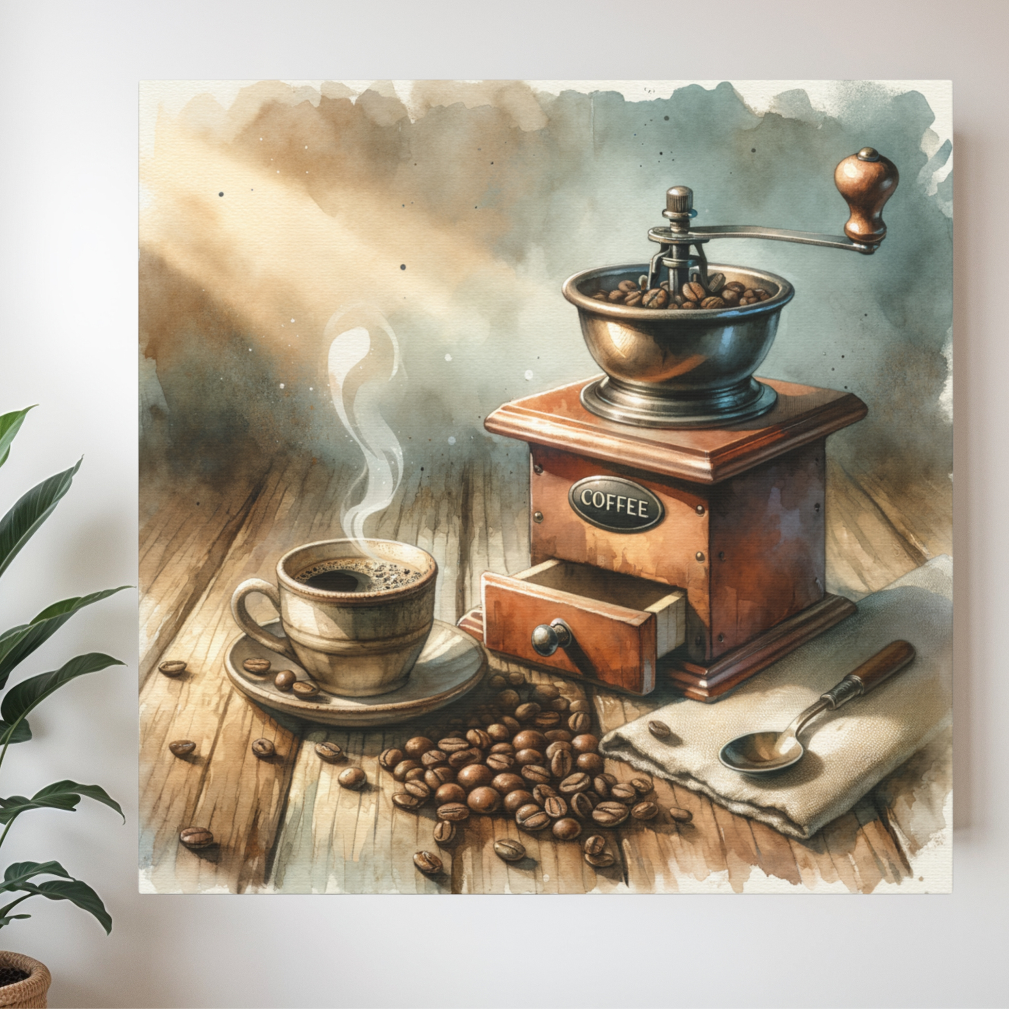 Vintage Coffee Grinder and Cup – Rustic Kitchen Wall Art