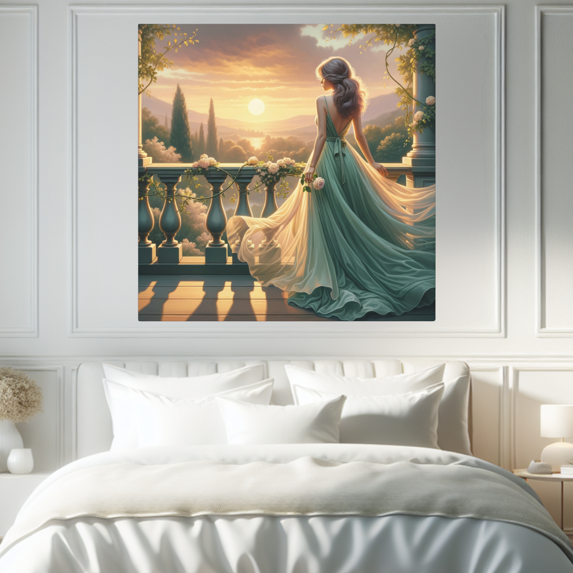 Lady in Green at Sunset Balcony – Romantic Tuscan Wall Art