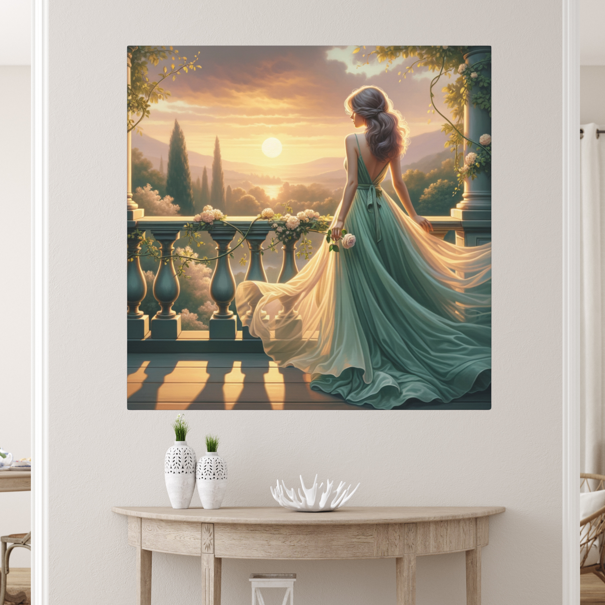 Lady in Green at Sunset Balcony – Romantic Tuscan Wall Art
