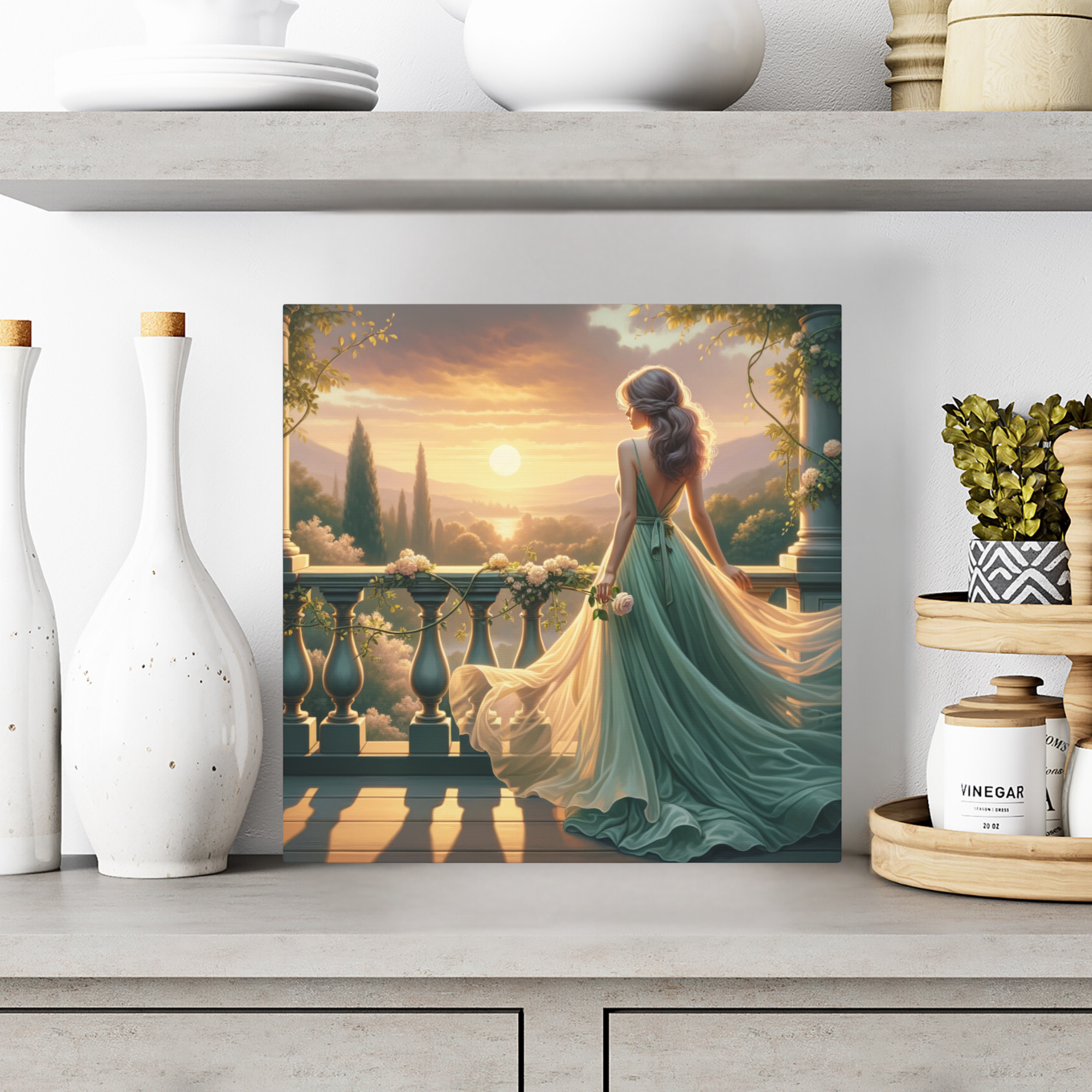 Lady in Green at Sunset Balcony – Romantic Tuscan Wall Art
