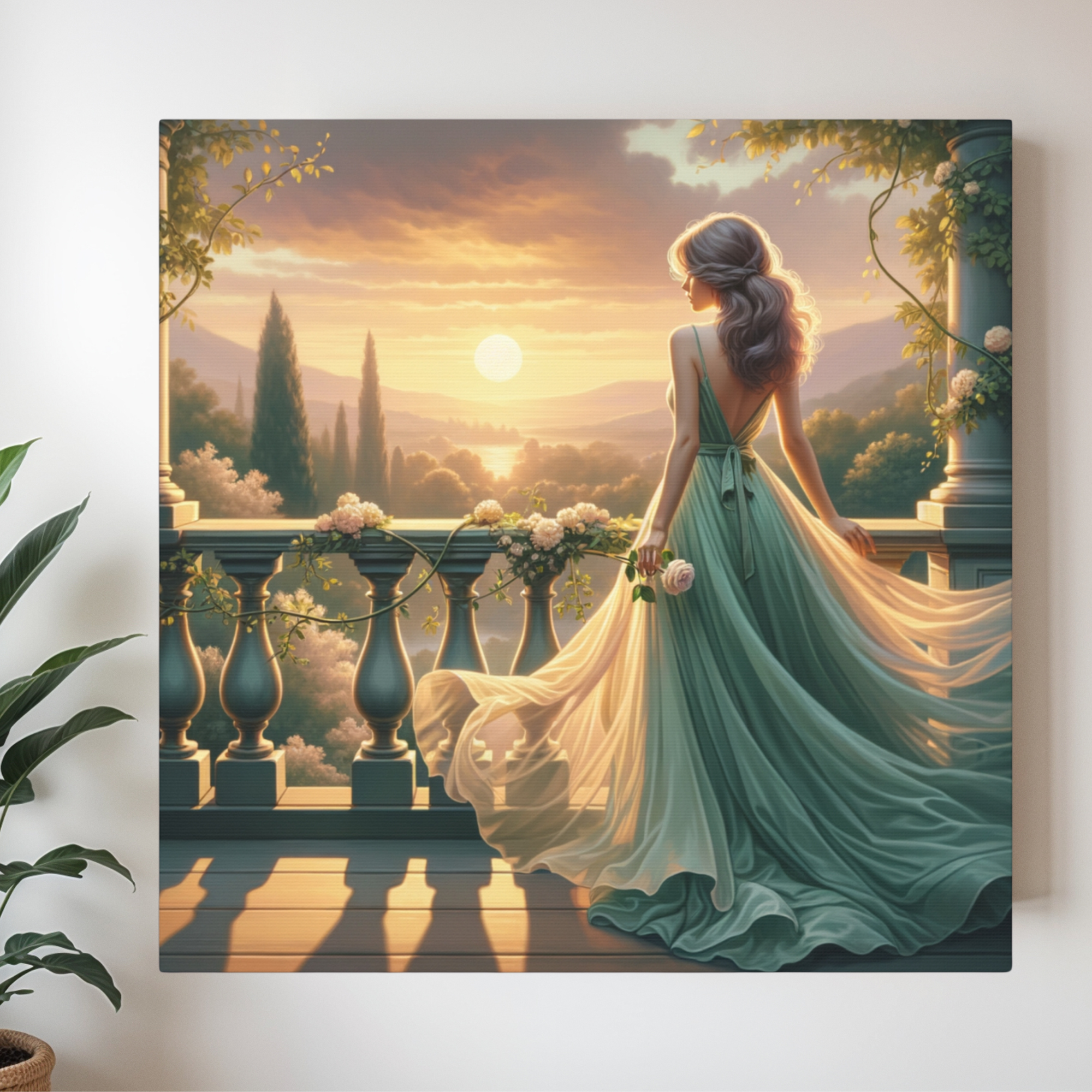 Lady in Green at Sunset Balcony – Romantic Tuscan Wall Art