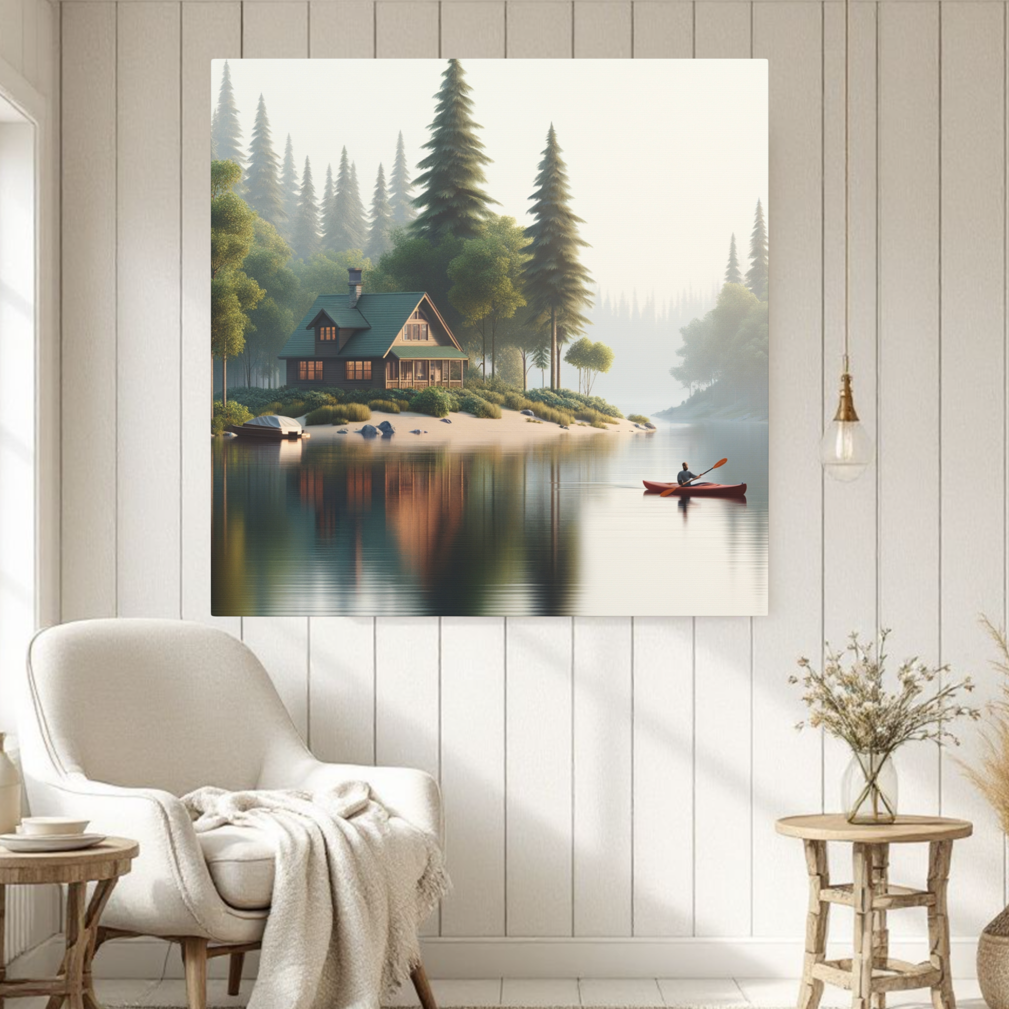 Peaceful Cabin by the Lake at Sunrise – Nature Retreat Wall Art
