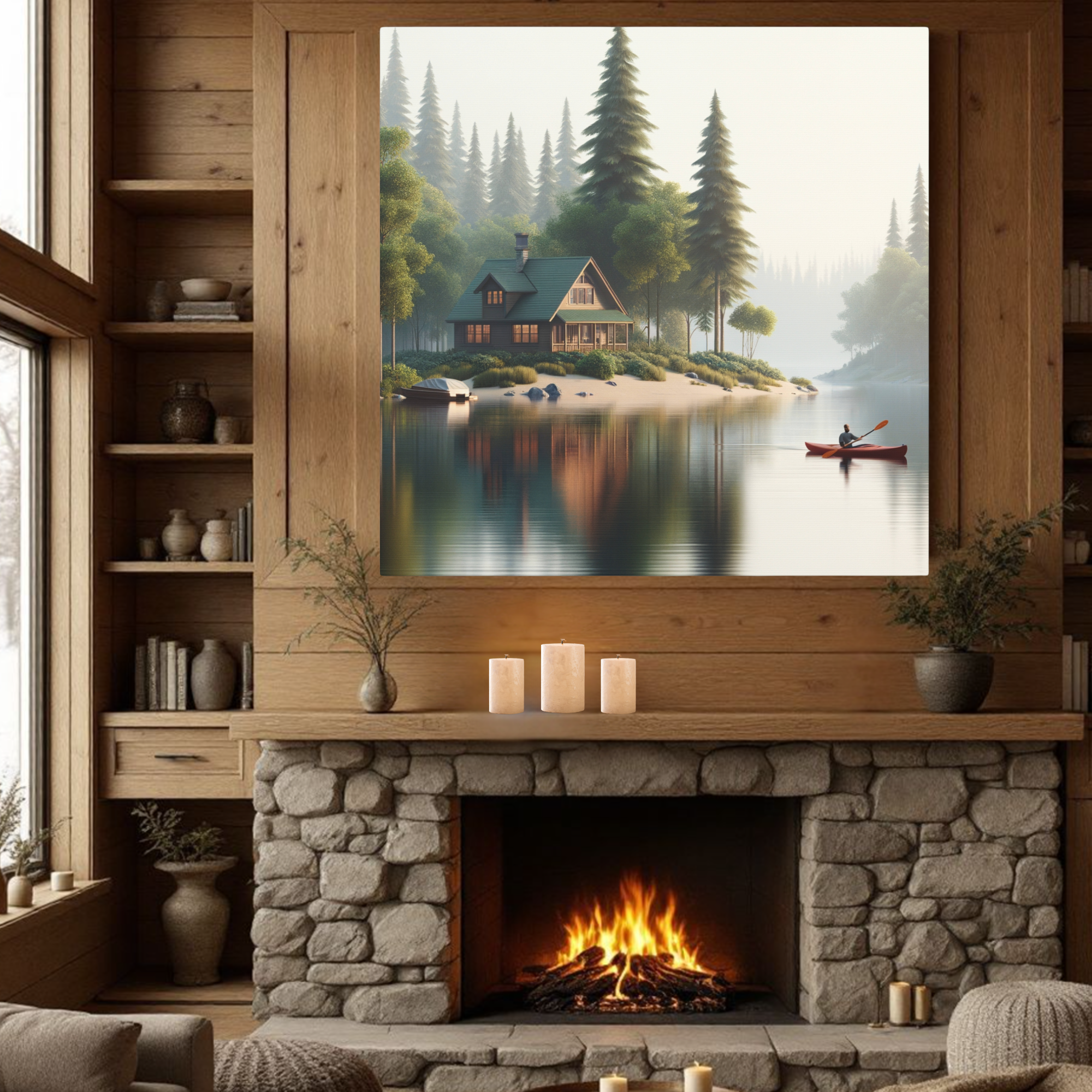 Peaceful Cabin by the Lake at Sunrise – Nature Retreat Wall Art