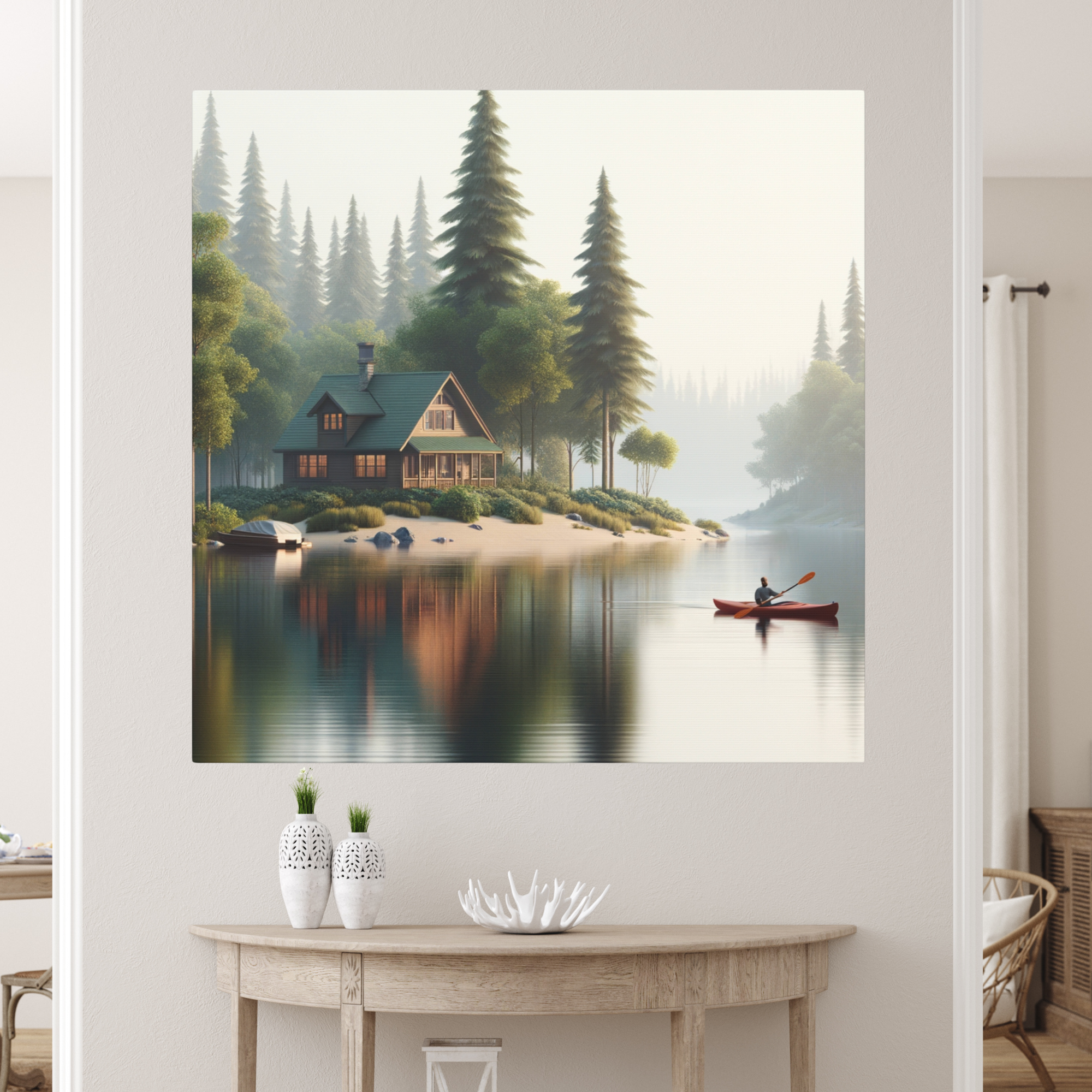Peaceful Cabin by the Lake at Sunrise – Nature Retreat Wall Art
