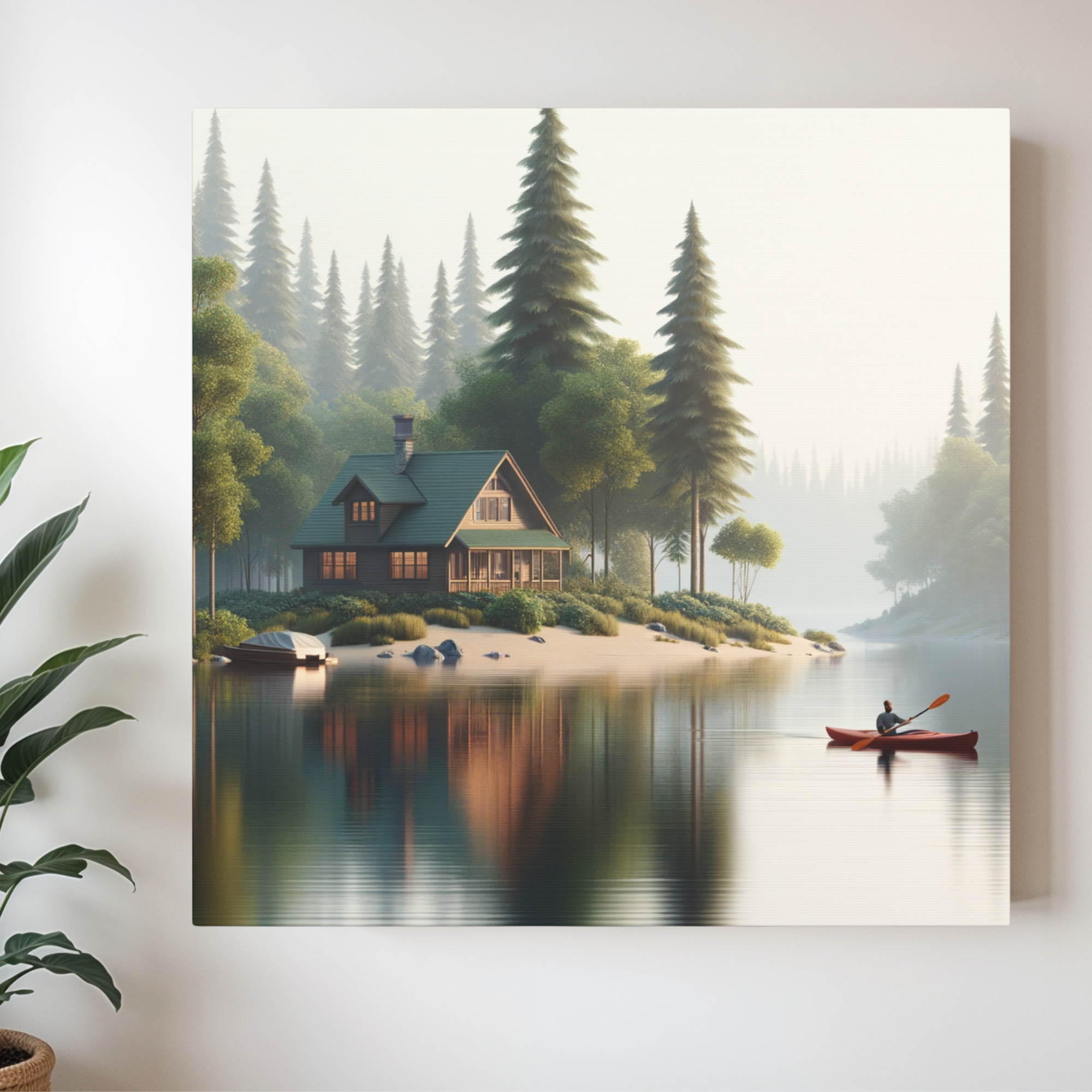 Peaceful Cabin by the Lake at Sunrise – Nature Retreat Wall Art