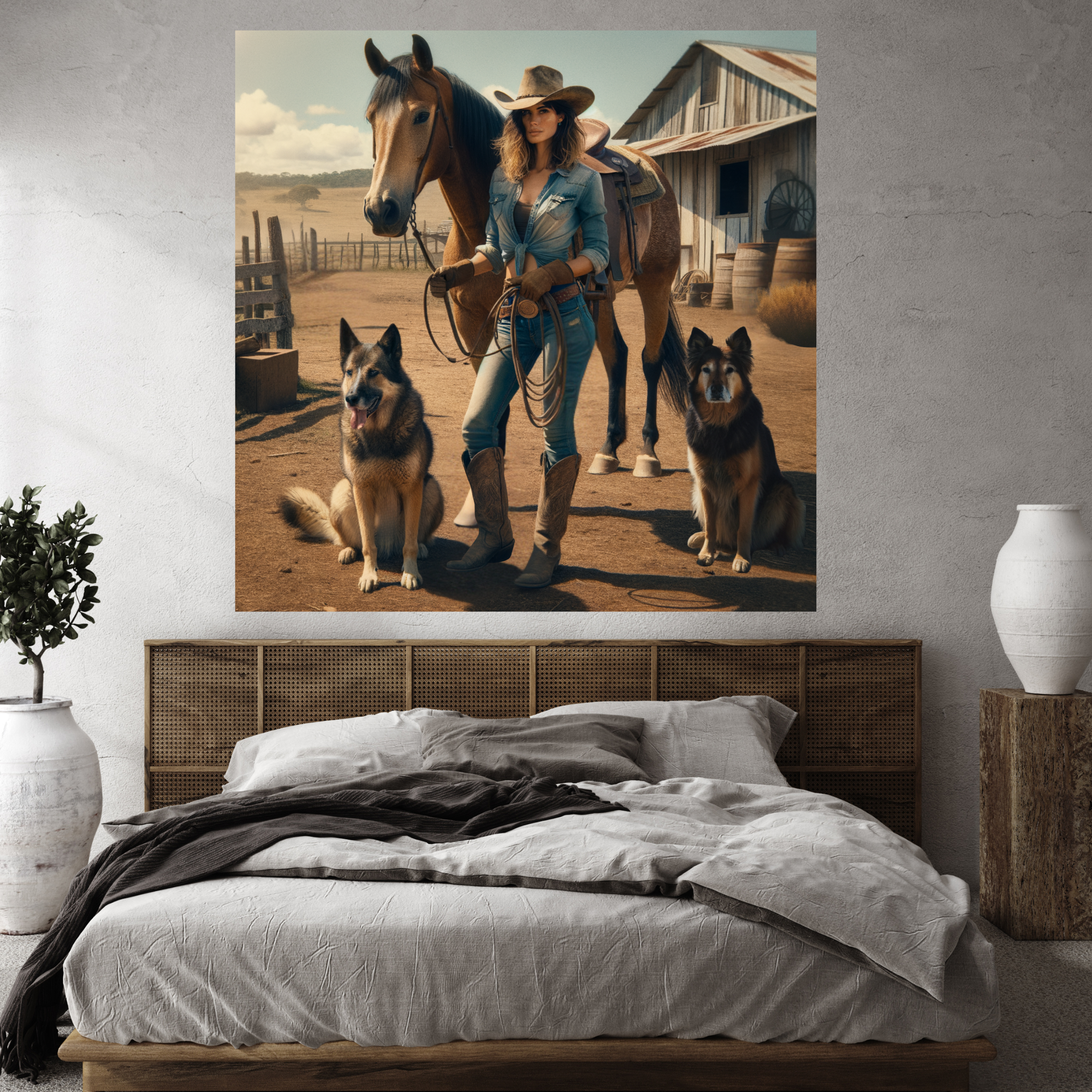 Cowgirl With Horse and Dogs – Rustic Western Wall Art