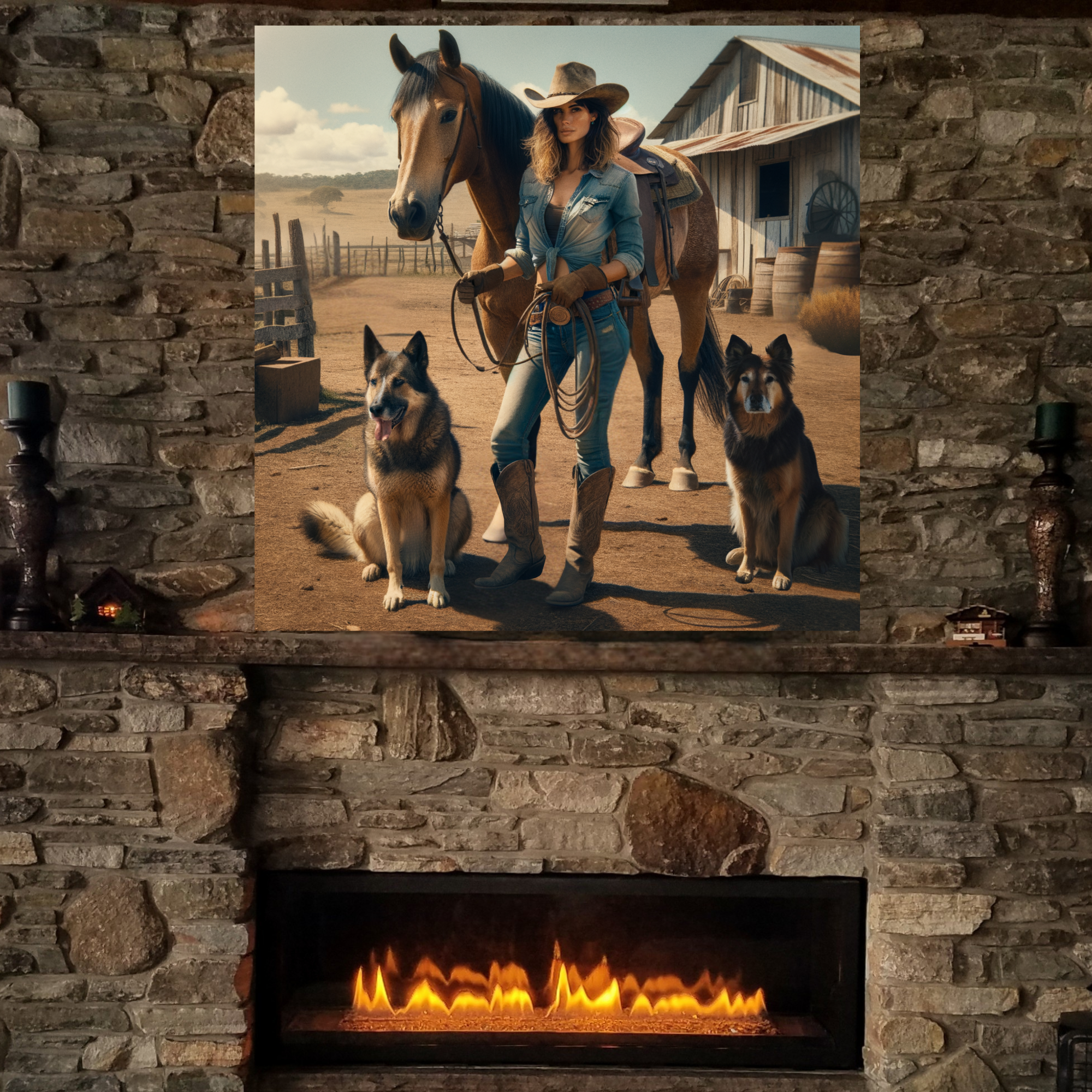 Cowgirl With Horse and Dogs – Rustic Western Wall Art