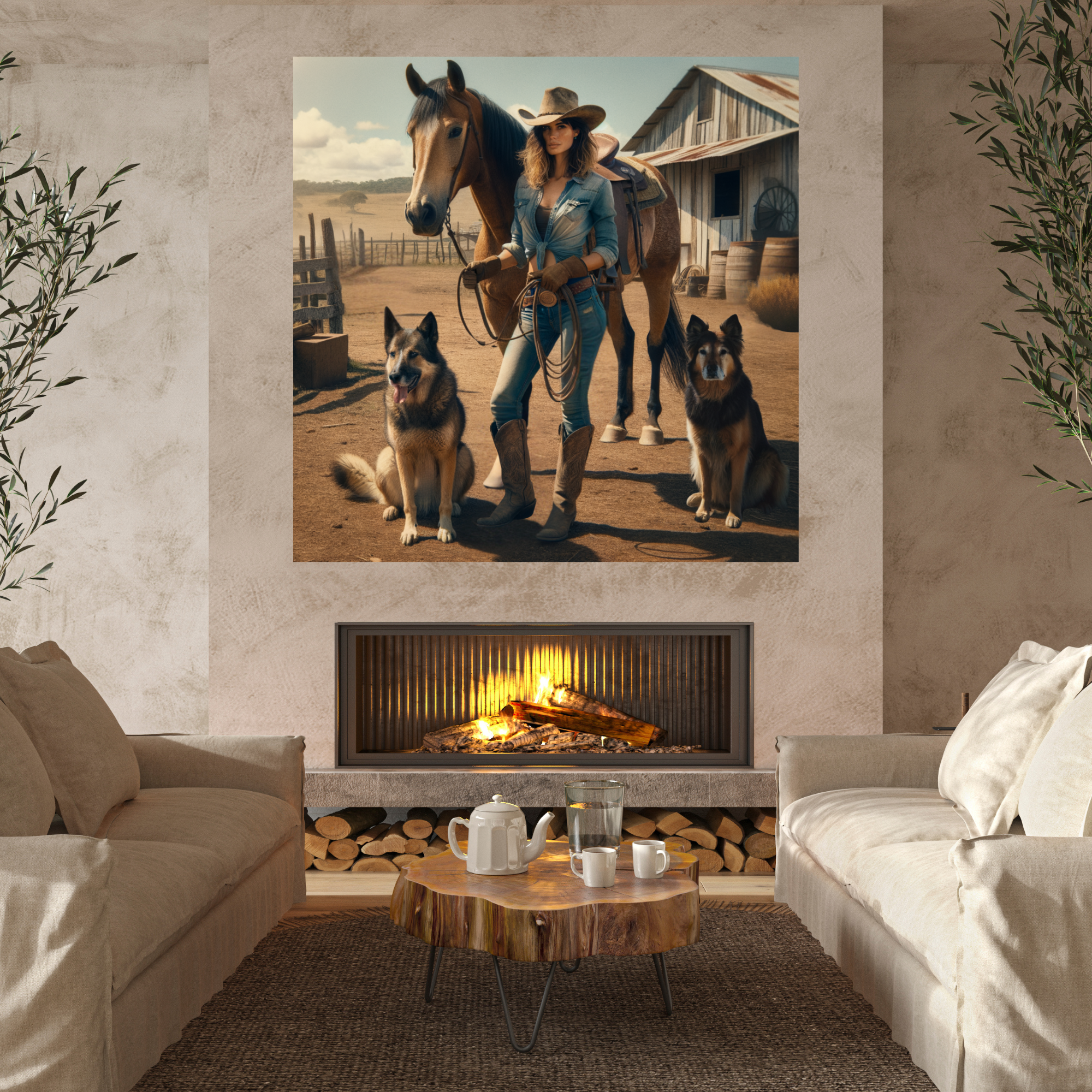Cowgirl With Horse and Dogs – Rustic Western Wall Art