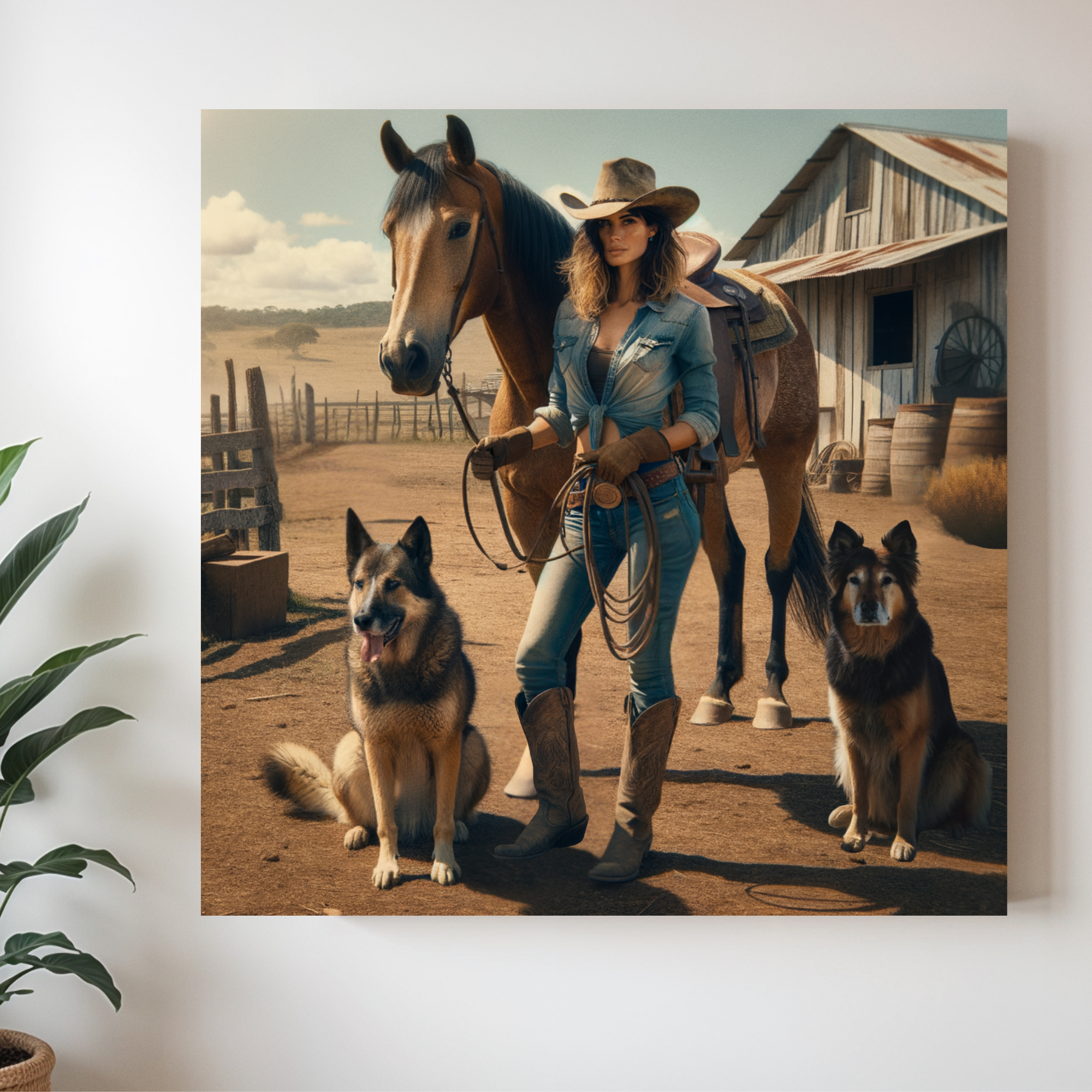 Cowgirl With Horse and Dogs – Rustic Western Wall Art