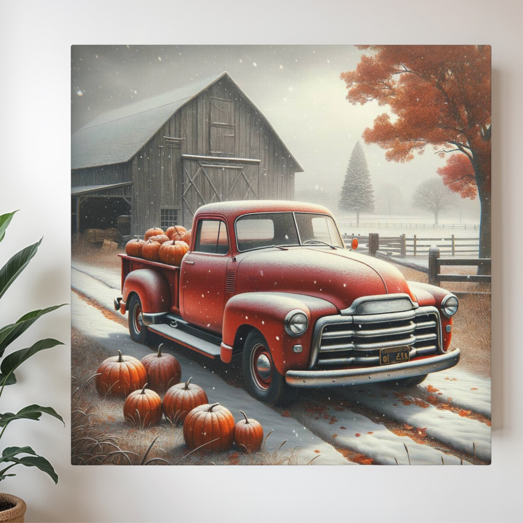 Vintage Red Truck With Pumpkins in Snow – Farmhouse Fall Wall Art