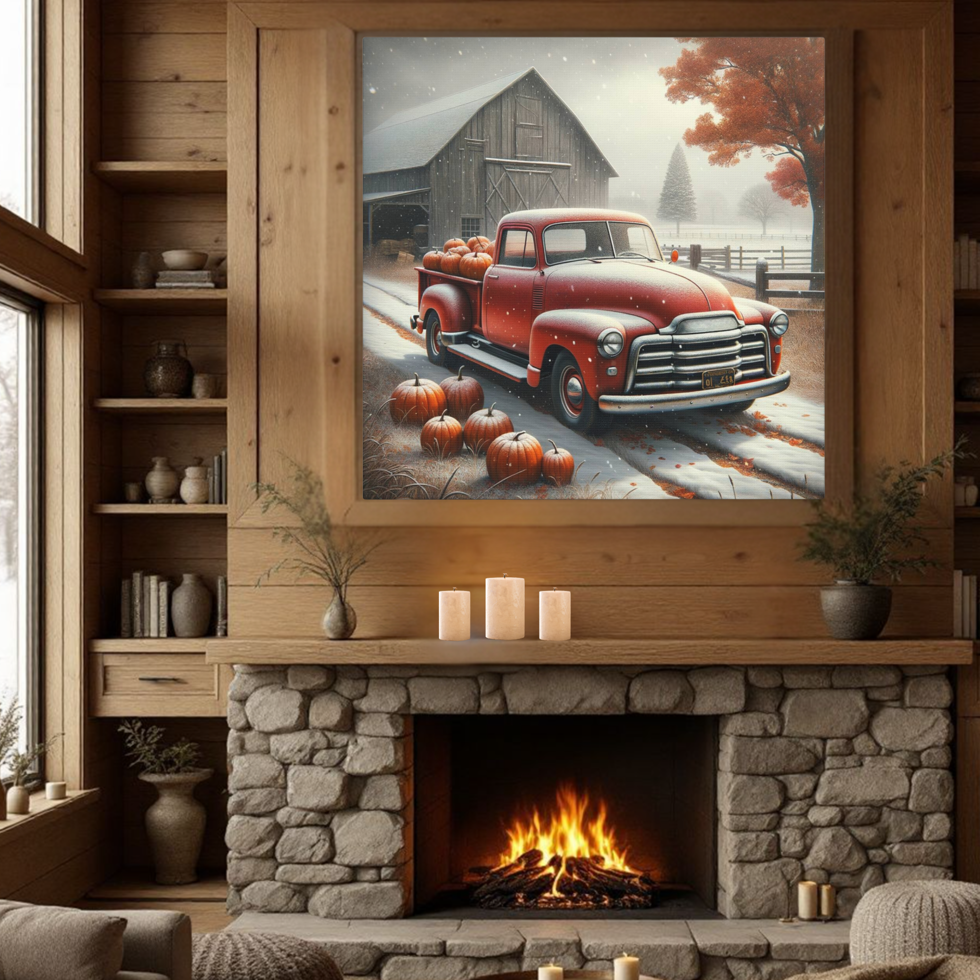 Vintage Red Truck With Pumpkins in Snow – Farmhouse Fall Wall Art